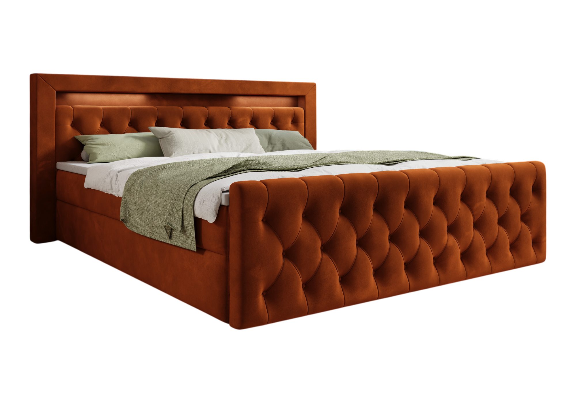thematys Boxbett LED mit Bettkasten 140x200–200x200 cm – Velours oder Bouclé Bezug – (Polsterbett Bonnellfederkern Matratze H3 + Gratis 3cm Topper, Boxbett - Luxus Doppelbett mit Stauraum und LED)