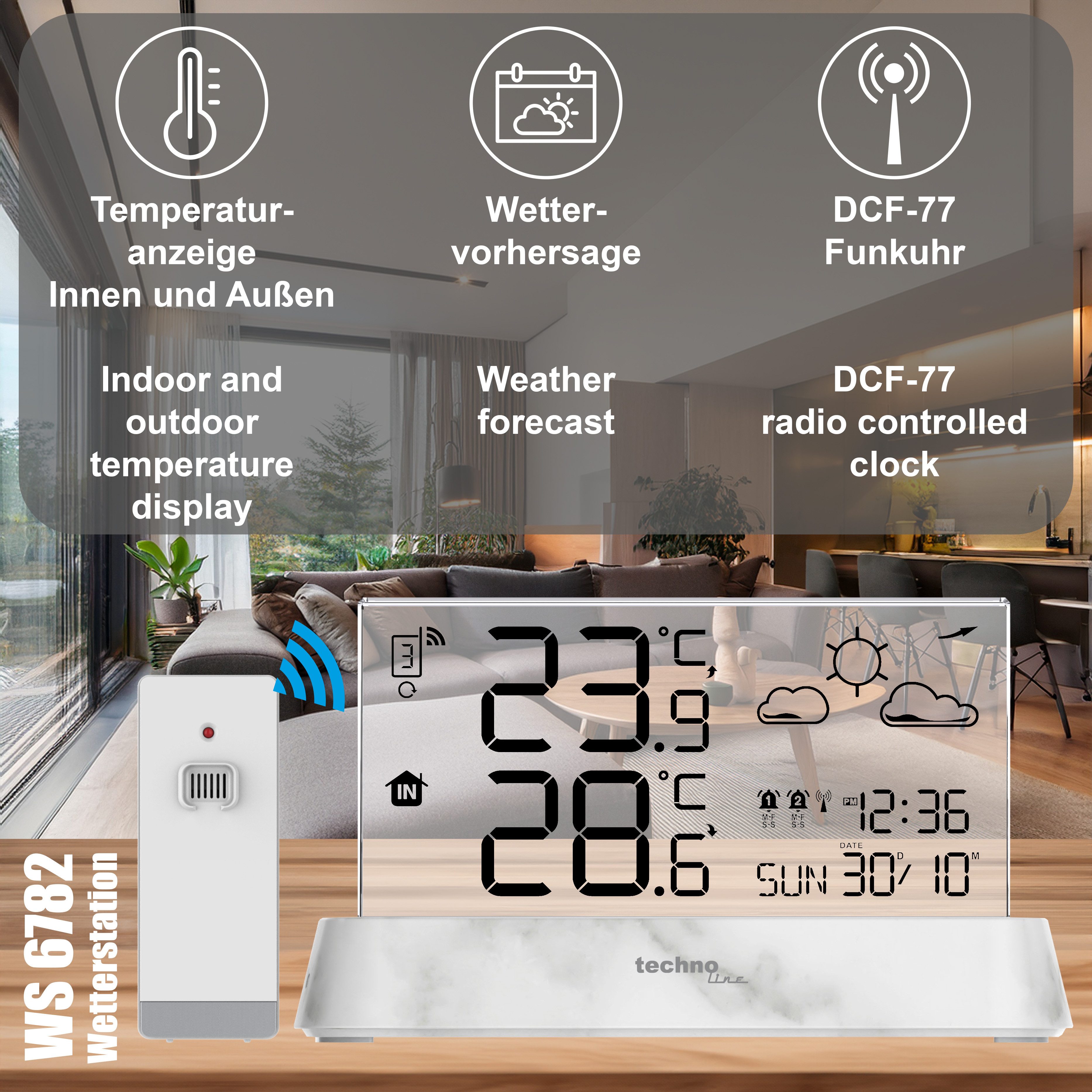 technoline WS 6782 Funkwetterstation (inkl. Außensender, mit Stationsbasis in Marmor-Optik und durchsichtigen Display)