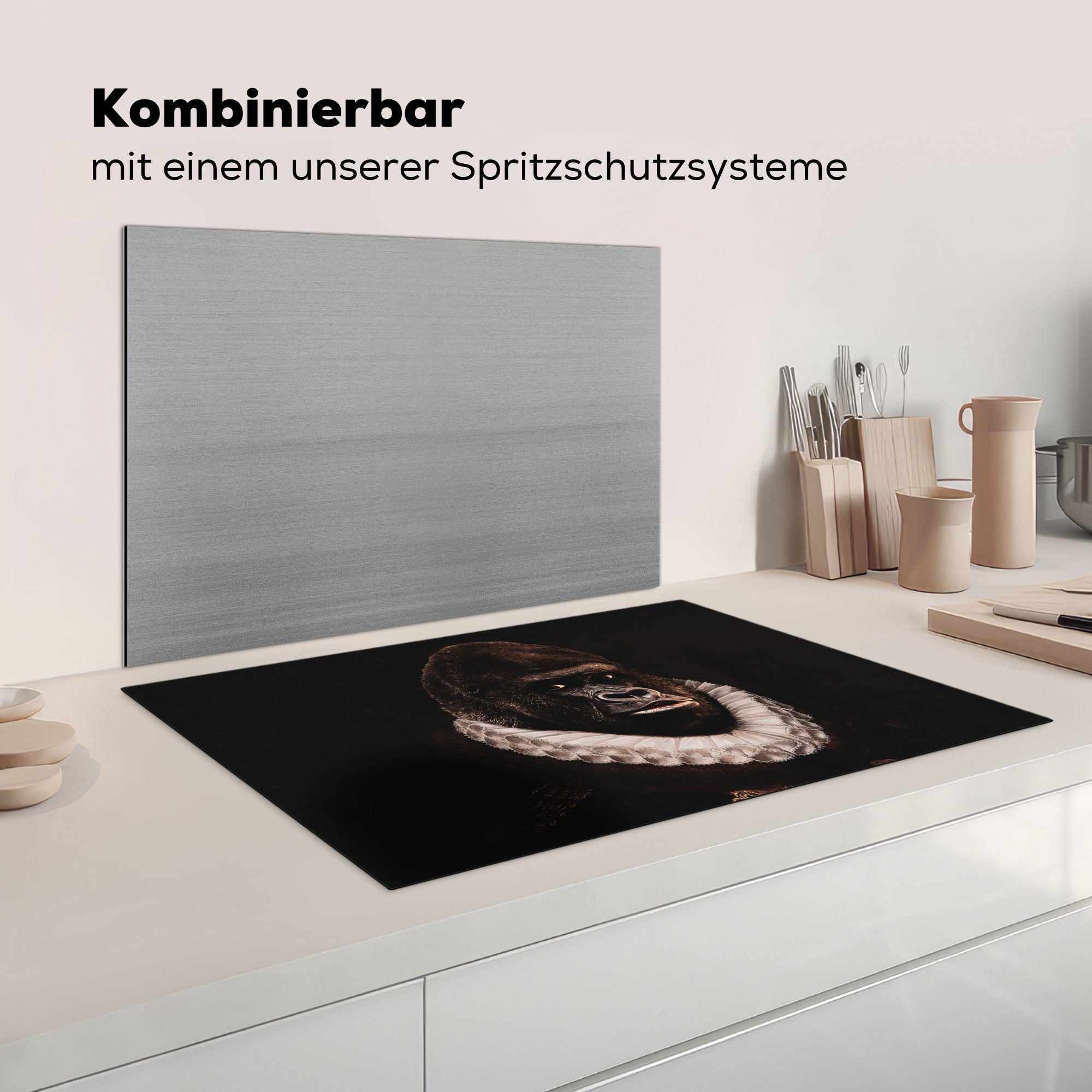 Vinyl, küche, die Herdblende-/Abdeckplatte tlg), für Ceranfeldabdeckung Gemälde MuchoWow Gorilla - Meister, Schutz - (1 Induktionskochfeld Alte 81x52 cm,