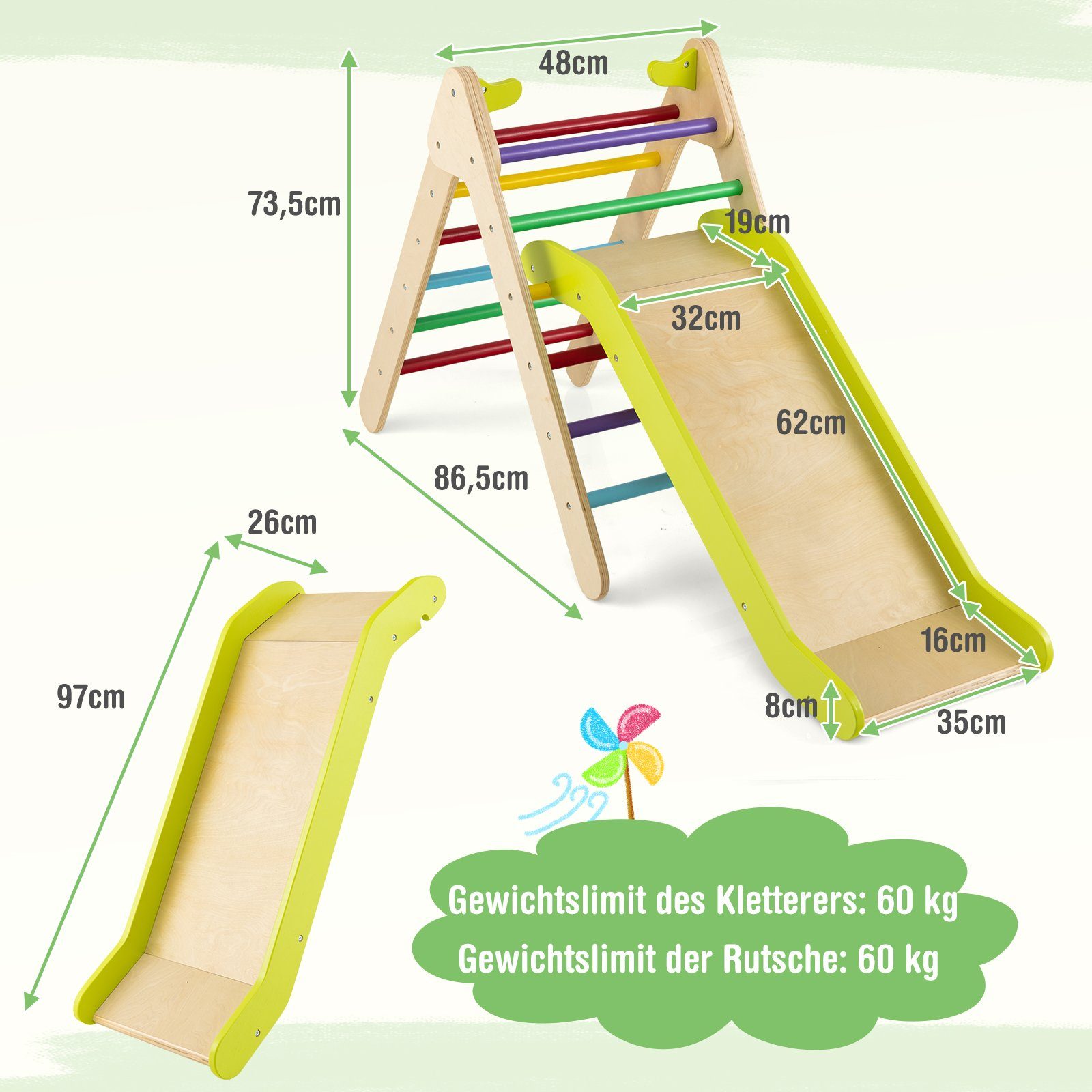 COSTWAY Klettergerüst Kletterdreieck, 2 in 1 Rutsche & Rampe