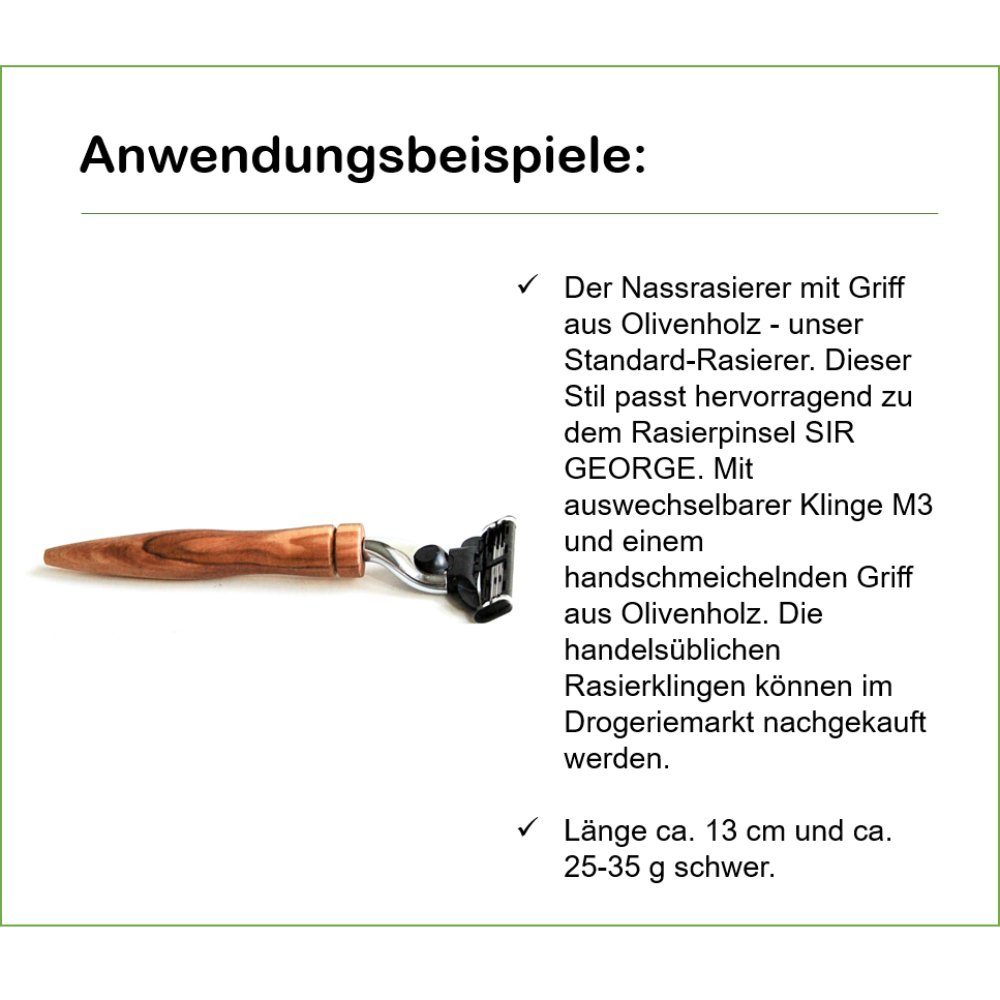 Olivenholz-erleben Nassrasierer Nassrasierer „ZUGSPITZE“ mit und Klinge scharfer M3, mit Olivenholzgriff 2-tlg., Olivenholzgriff