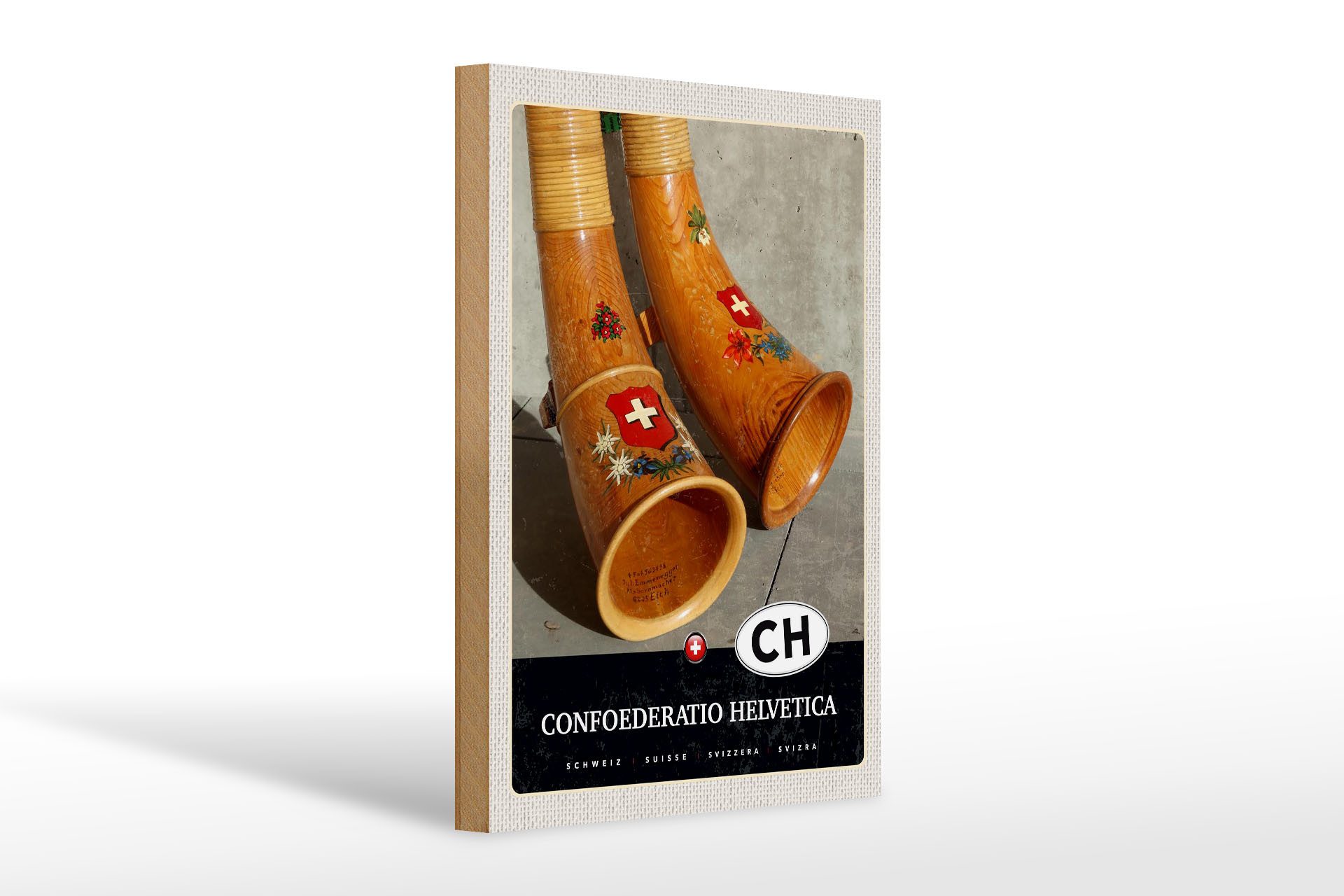 Holzbild Reise 20x30cm Confoederatio Helvetica Alphorn