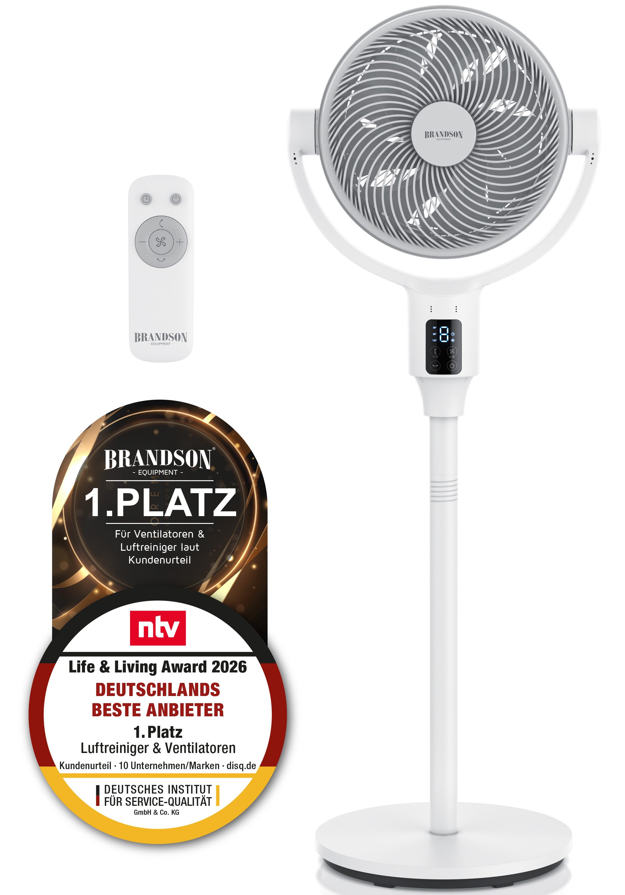 Brandson Standventilator 3D Oszillation, Dual Blade, DC, Fernbedienung, Sieger NTV Award 2026, ECO Motor, 9 Geschwindigkeiten, höhenverstellbar, Duftfach, Timer