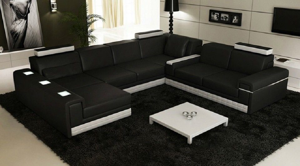 JVmoebel Ecksofa Ledersofa Couch Sofa Ecksofa Eck Design Modern Sofa Beleuchtet, Weißes U-Form Sofa mit Beleuchtung Schwarz/Weiß