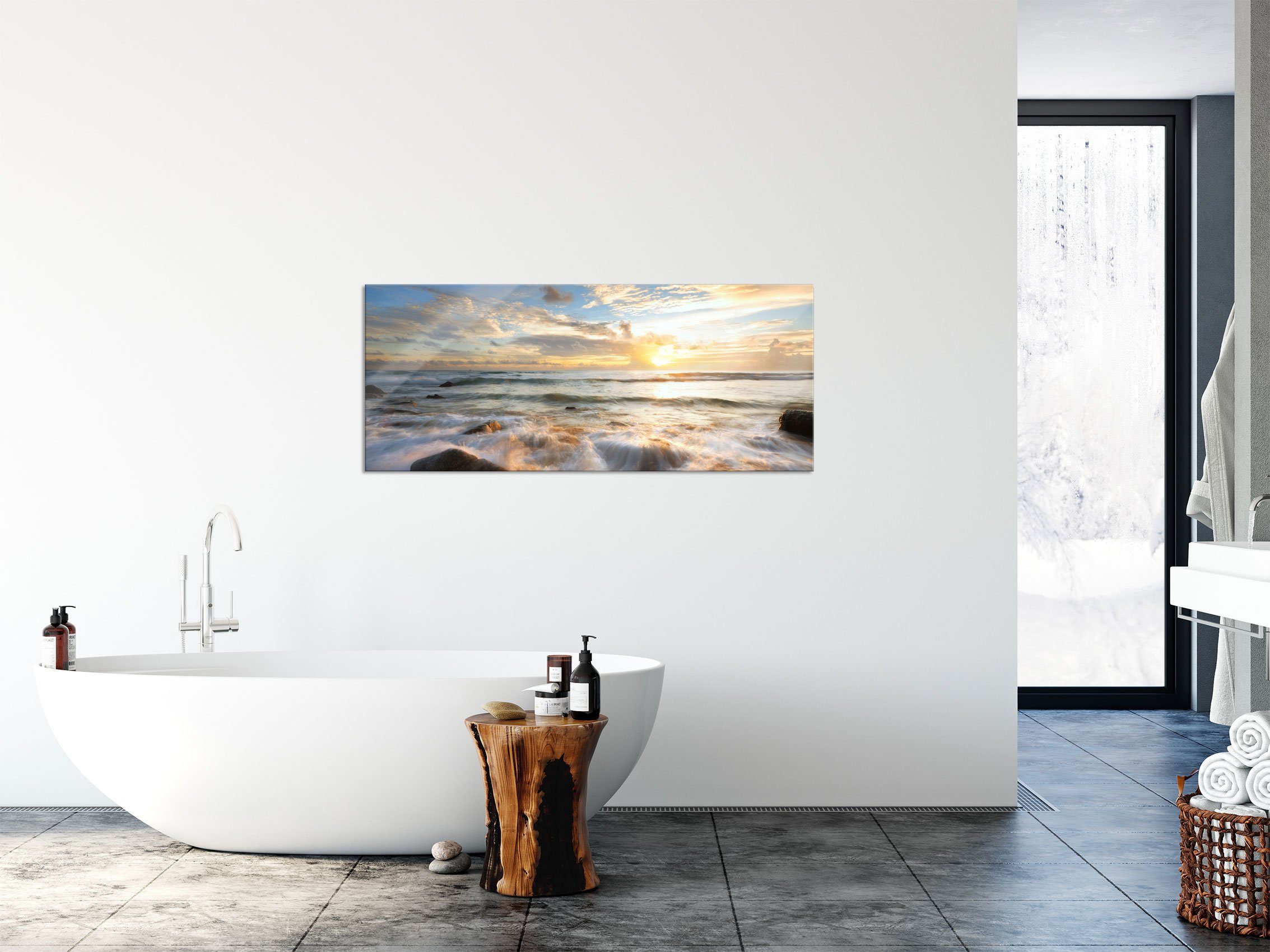 Pixxprint Glasbild Sonnenuntergang am Meer, Sonnenuntergang am Meer (1 St), Glasbild aus Echtglas, inkl. Aufhängungen und Abstandshalter
