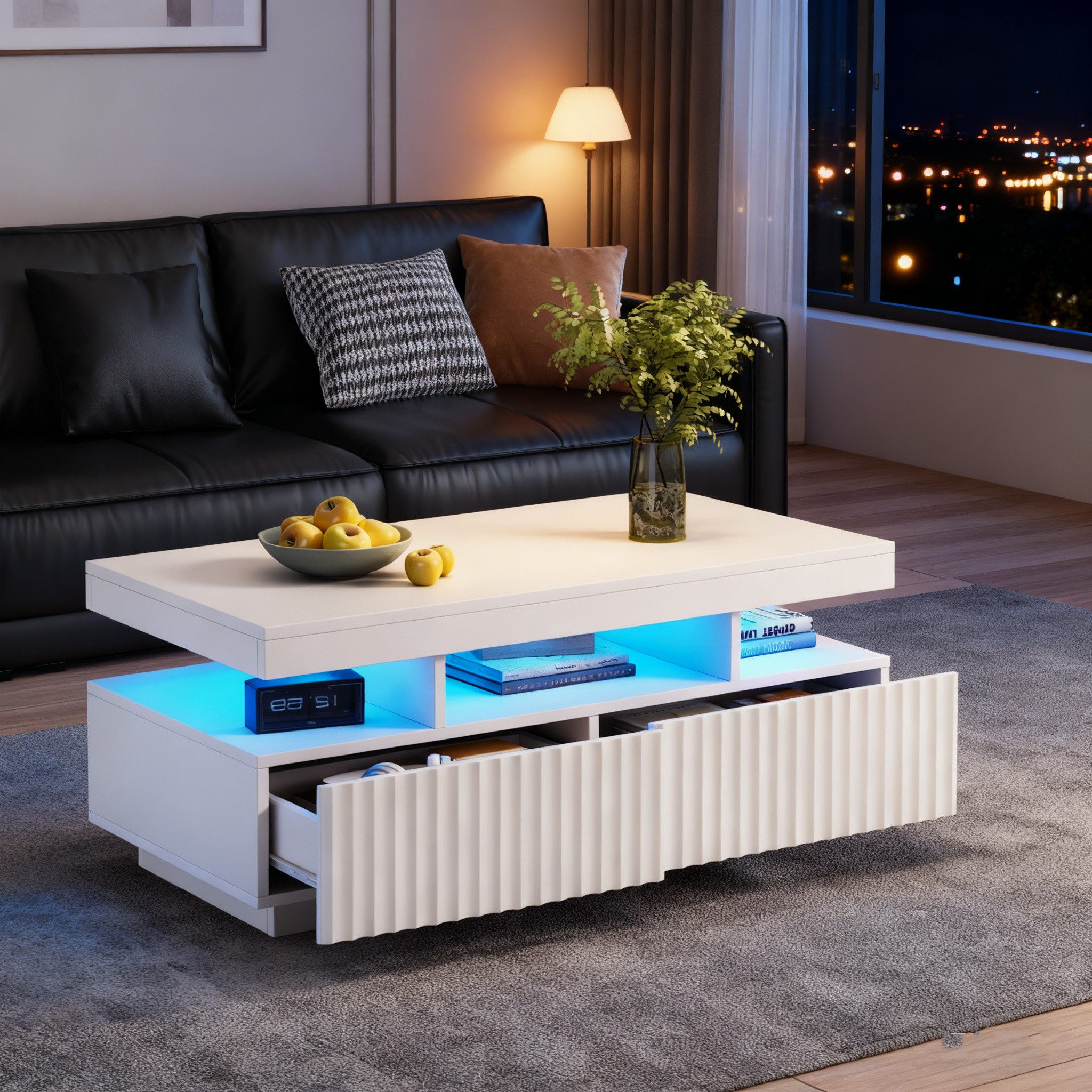 HAUSS SPOLE Couchtisch mit Schubladen,Wohnzimmertisch Sofatisch mit LED-Beleuchtung&Fächer