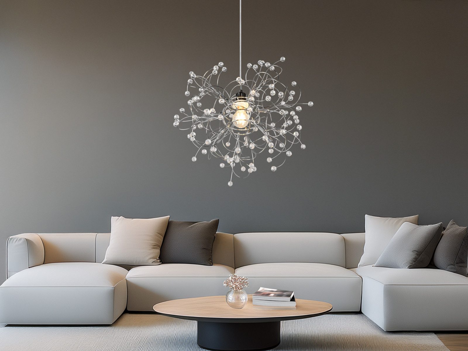 Reality Leuchten LED Pendelleuchte Silber Chrom mit Acryl Kristall, Ø 52cm, dimmbar, LED wechselbar, in 3 Stufen dimmbar über Lichtschalter, warmweiß, Designer  – Bild 5 von 5