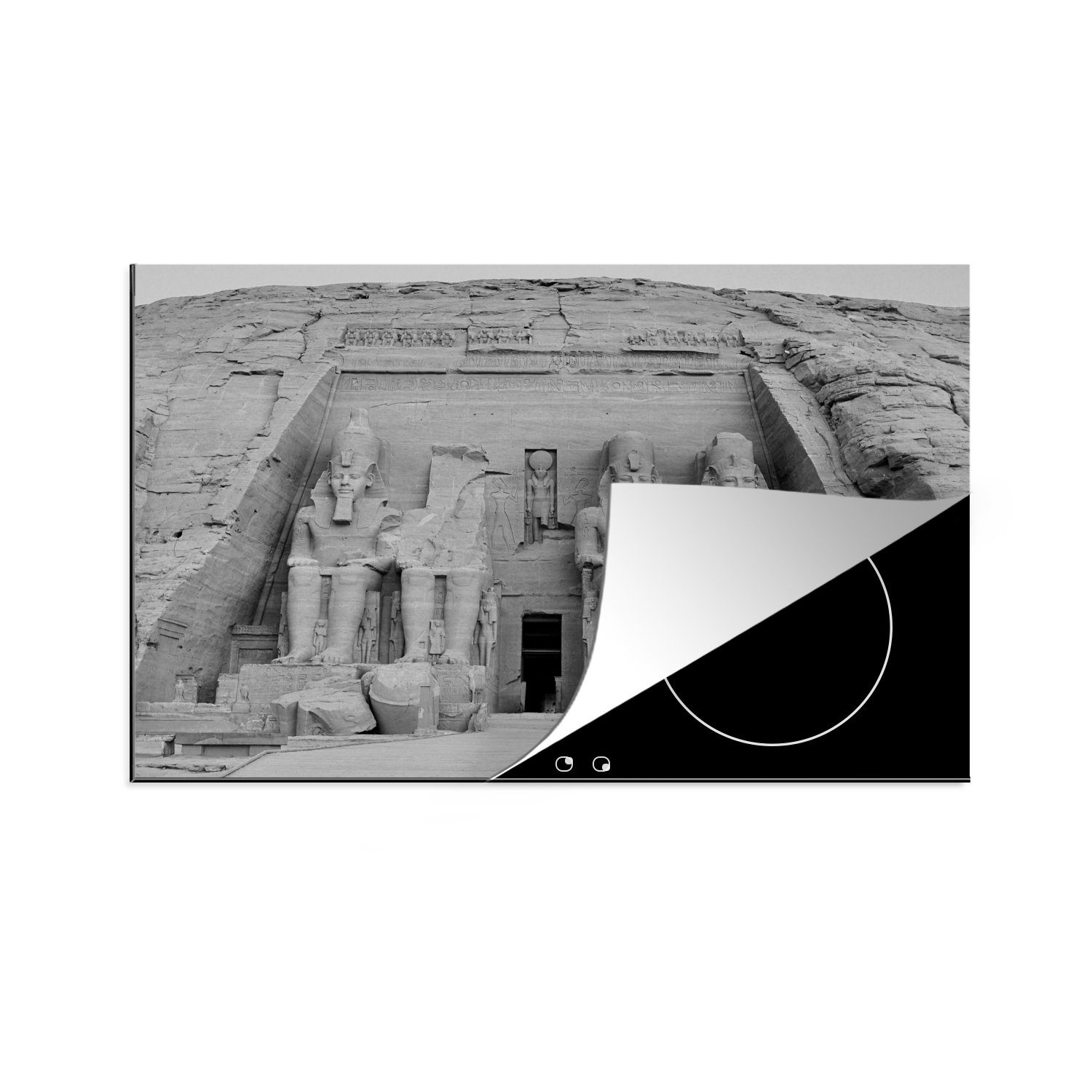MuchoWow Herdblende-/Abdeckplatte Tempel von Abu Simbel in Nubien Assuan Ägypten in schwarz und weiß, Vinyl, (1 tlg), 81x52 cm, Induktionskochfeld Schutz für die küche, Ceranfeldabdeckung