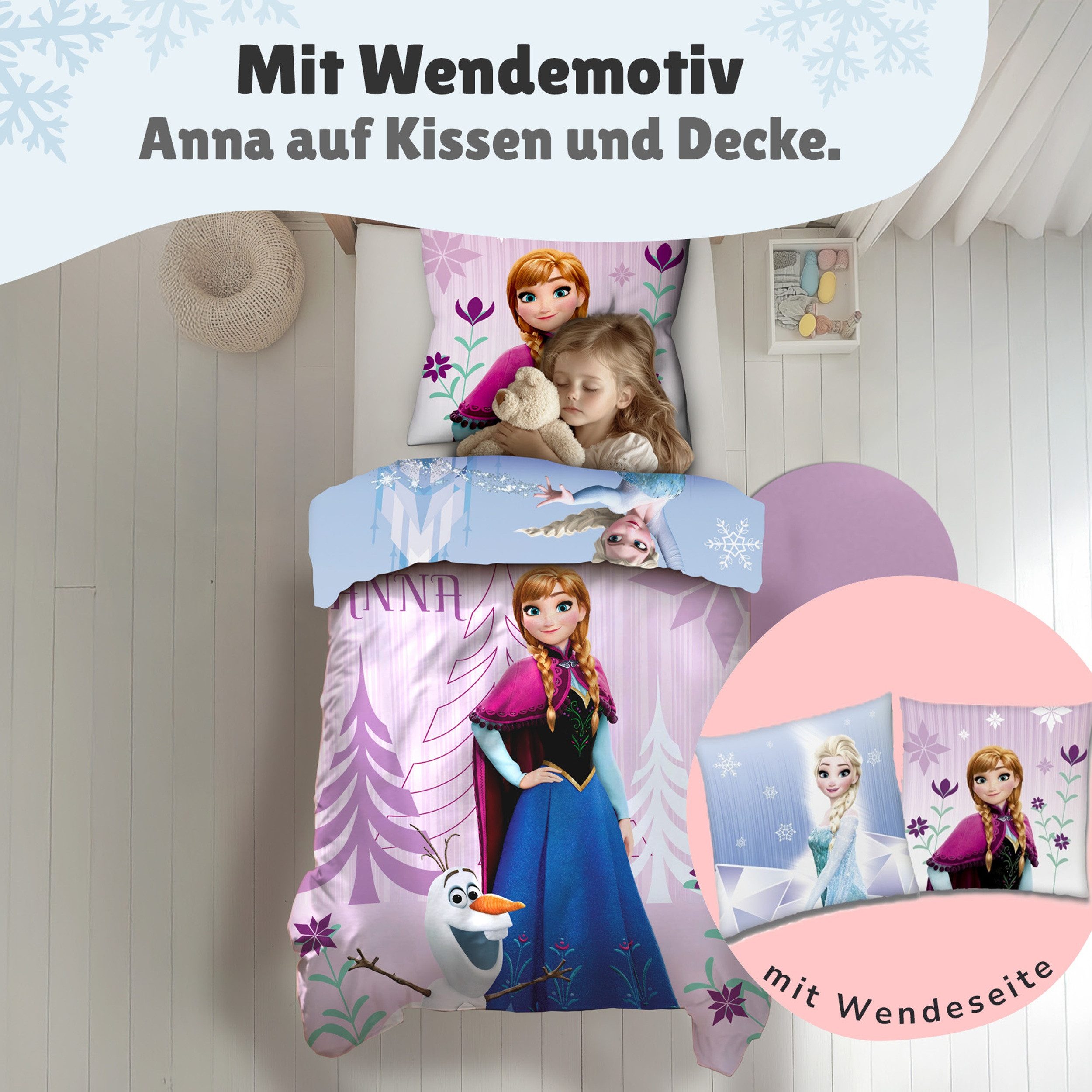Familando Kinderbettwäsche Set Disney Frozen Die Eiskönigin 135x200 + 80x80 cm aus 100% Baumwolle, Renforcé, 2 teilig, "Diamonds" mit Anna, Elsa und Olaf