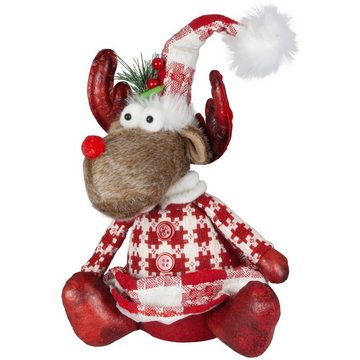 Christmas Paradise Weihnachtsfigur Elch sitzend 27cm (35cm) (Dekofiguren, 2 St., im Set), Rentier Pärchen, 2 Designs Mann und Frau, Weihnachtsdeko Rot-Weiss