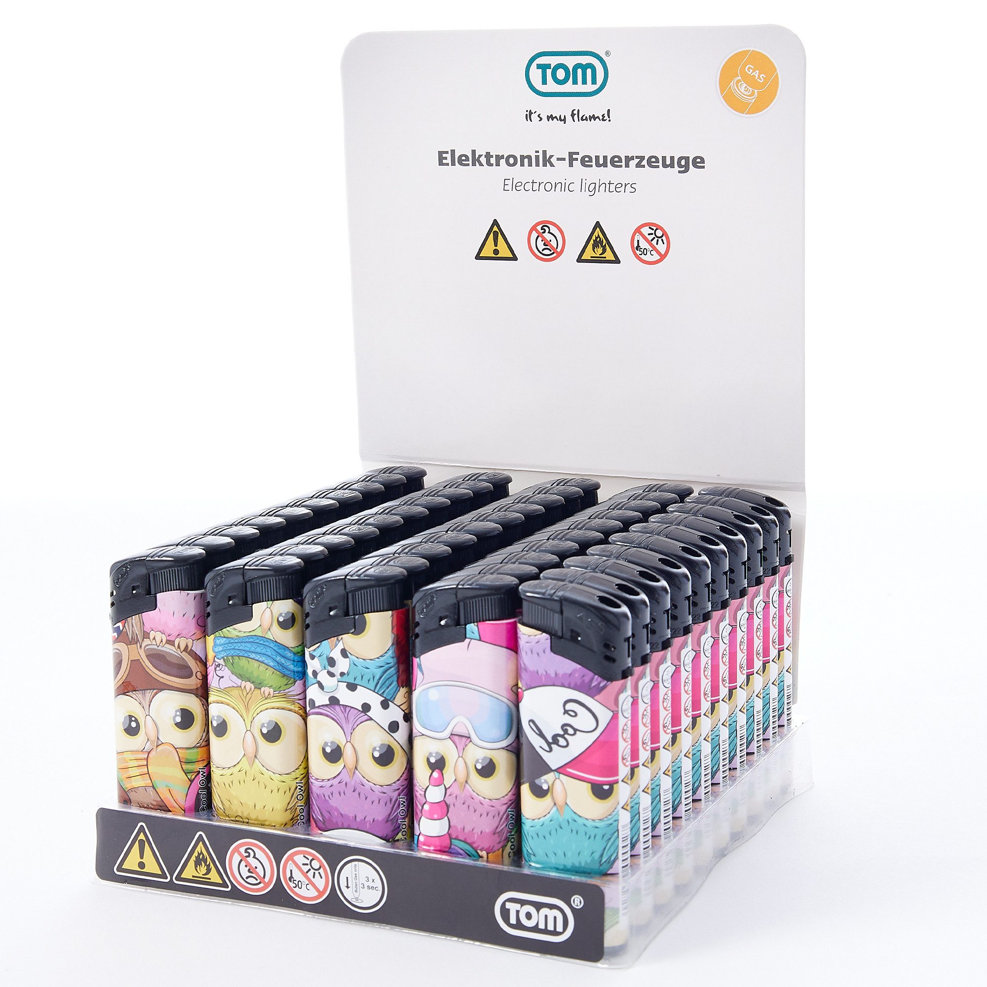 TOM Feuerzeuge 50er Display mit 5 Farben im Eulen-Design, nachfüllbar (50-St), Soft-Flamme, Elektronischer Zünder