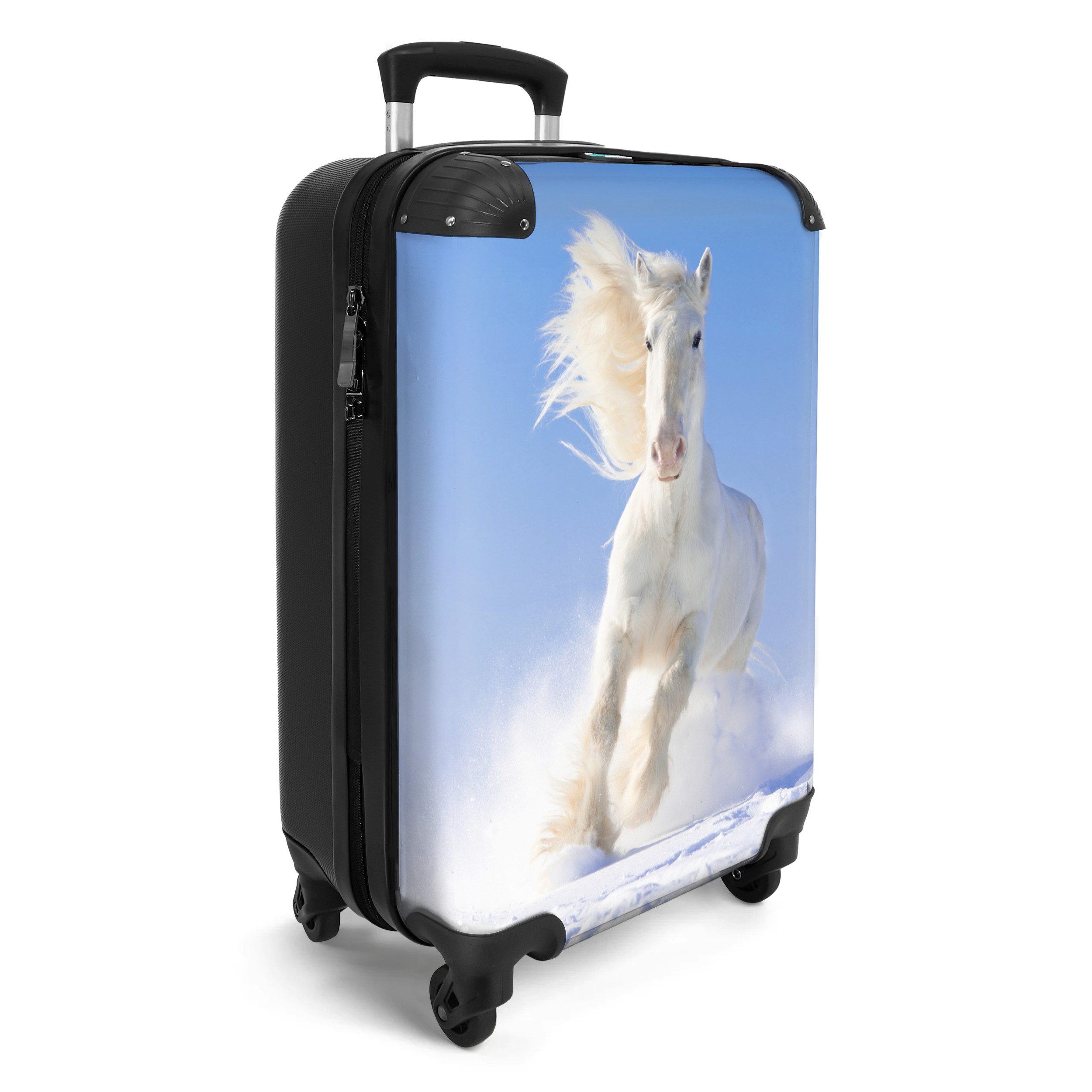 NoBoringSuitcases.com© Hartschalen-Trolley Pferd - Weiß - Schnee - Kinder 55x35x20cm, 4 Rollen, Kinder Koffer Klein, Trolley Handgepäck, Reisekoffer