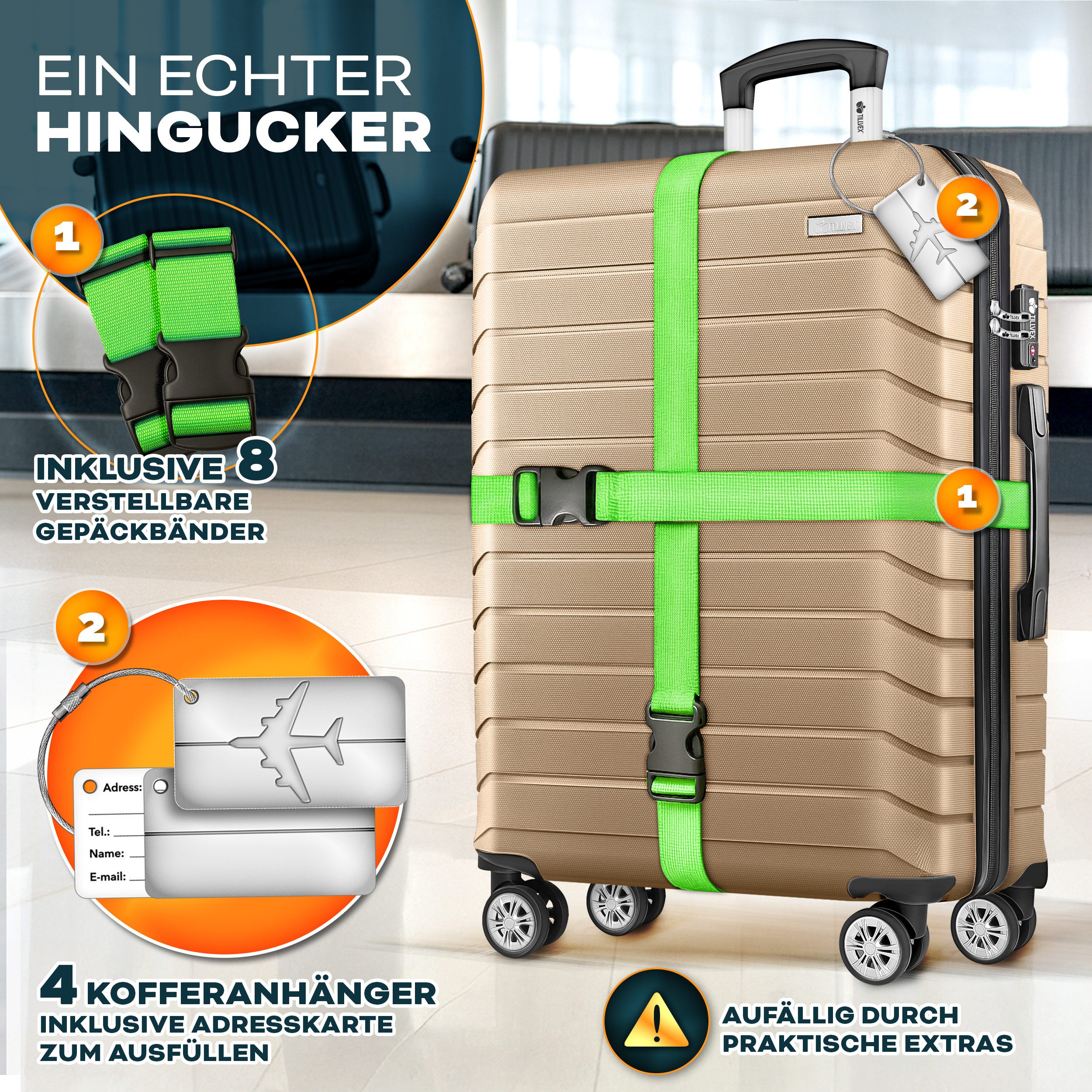 tillvex Trolleyset tillvex® Reisekoffer Set Koffer Hartschale Trolley Kofferset Tasche, (TSA Schloss Rollkoffer S-M-L-XL, 4 tlg., 4 Rollen Trolley Gepäck Koffer), Reisekoffer Set 4-TLG. + Gepäckwaage, 8X Gurte & 4X Anhänger Kofferset