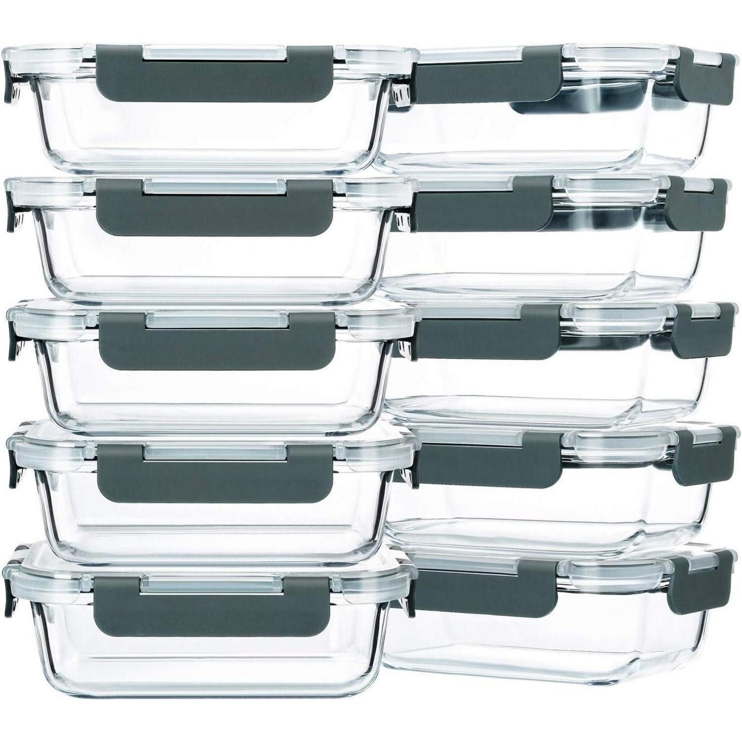 LuxusKollektion Frischhaltedose Glas-Frischhaltedosen Set Mahlzeiten 625 ml 10 Stück Grau, Glas