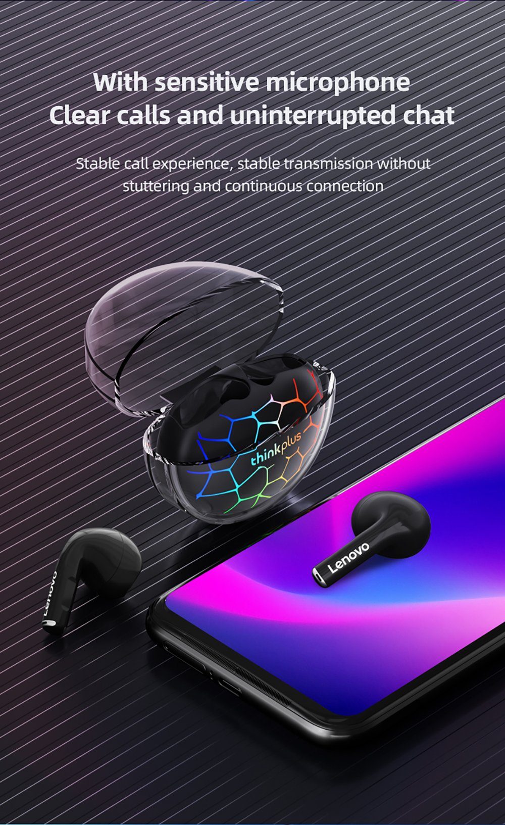 Pro Touch-Steuerung Schwarz mit Kopfhörer-Ladehülle Google Stereo-Ohrhörer (True - Wireless, Siri, Assistant, LP80 RGB) Lenovo kabellos, 280 Bluetooth-Kopfhörer Schwarz-RGB 5.3, Bluetooth mAh