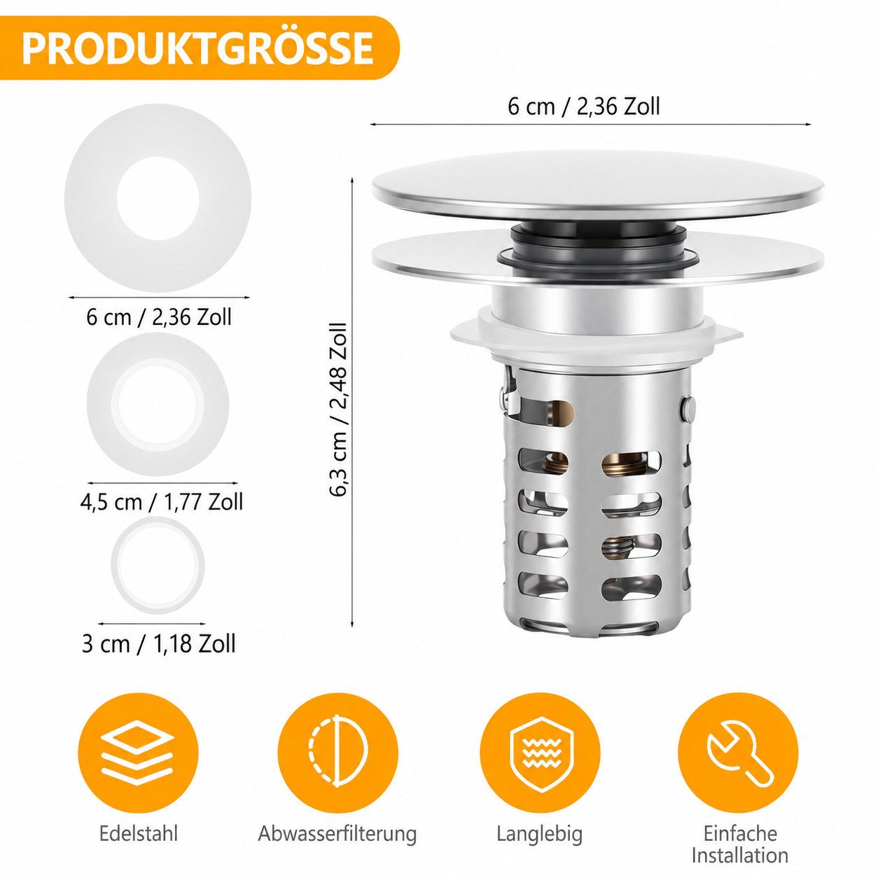BlingBin Ablaufgarnitur Waschbeckenstöpsel Pop Up Edelstahl Abflusssieb (waschtisch ablauf, 1-St., 1tlg) Ablaufventil Ø60 mm mit Filterkorb aus Edelstahl und Me – Bild 2 von 5