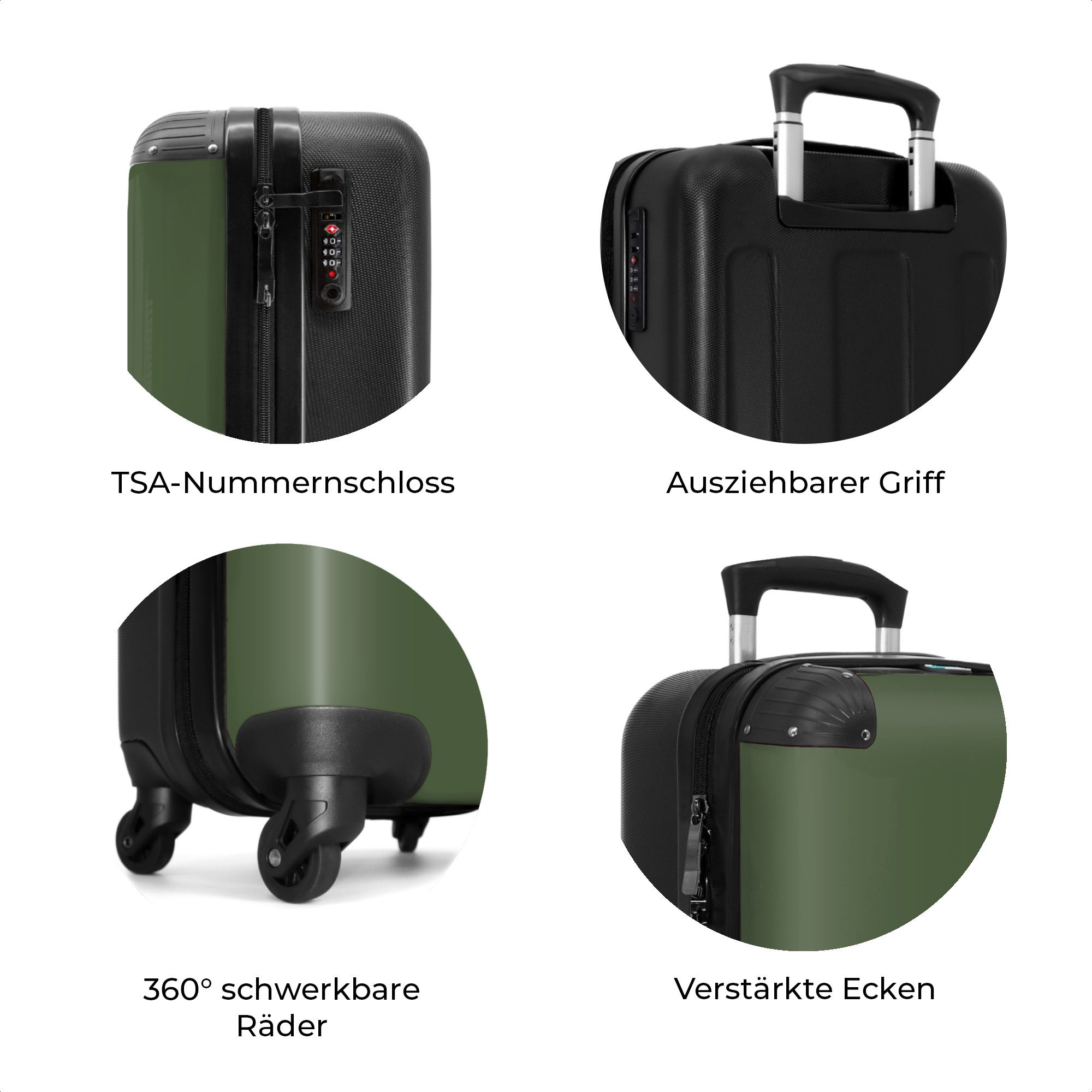 NoBoringSuitcases.com© Hartschalen-Trolley Grün mit beigen Palmen 55x35x20cm, 4 Rollen, Reisekoffer mit 4 Rollen, Carry on luggage, Männer