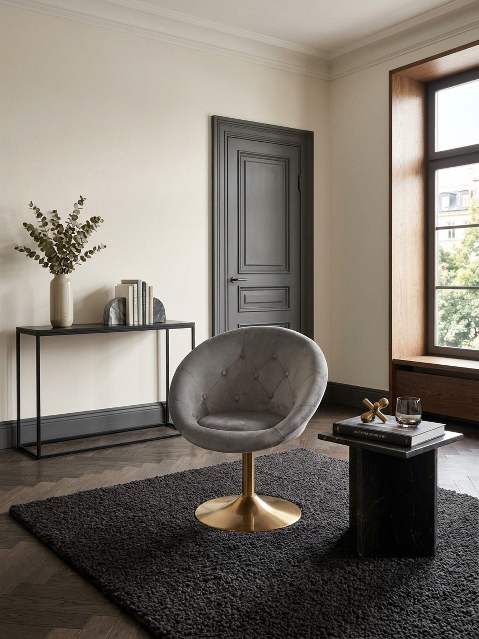 KADIMA DESIGN Loungesessel Loungesessel Samt Grau / Gold Design Drehstuhl, Clubsessel (Sessel mit Stoffbezug), Polsterstuhl mit Rückenlehne, Drehsessel Cocktailsessel Lounge