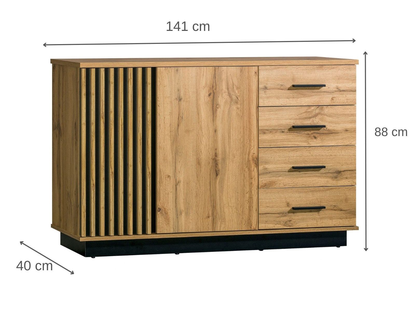Beautysofa Kommode Lamelo mit 4 Schubladen und 2 Türen (Lamellenfront, Eiche Wotan/Schwarz, modernes Loft-Design), zweitürig, mit Dekorlamellen – Bild 3 von 5