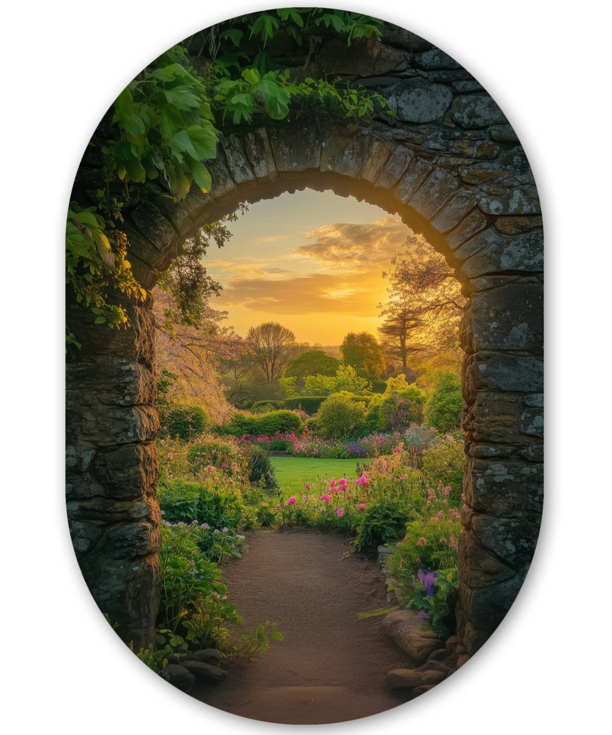 MuchoWow Gemälde Tor - Pflanzen - Sonnenuntergang, Fotodruck (1 St), Wandbild Oval, Wohnzimmer oder Schlafzimmer Wanddekoration, 40x60 cm