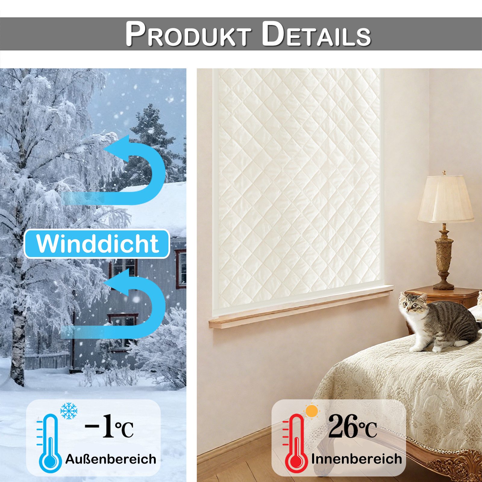 Rosnek Gardine Thermovorhang Fenster Kälteschutz mit Magnetverschluss & Magic Tape, für Wohnzimmer und Schlafzimmer, Winter und Sommer
