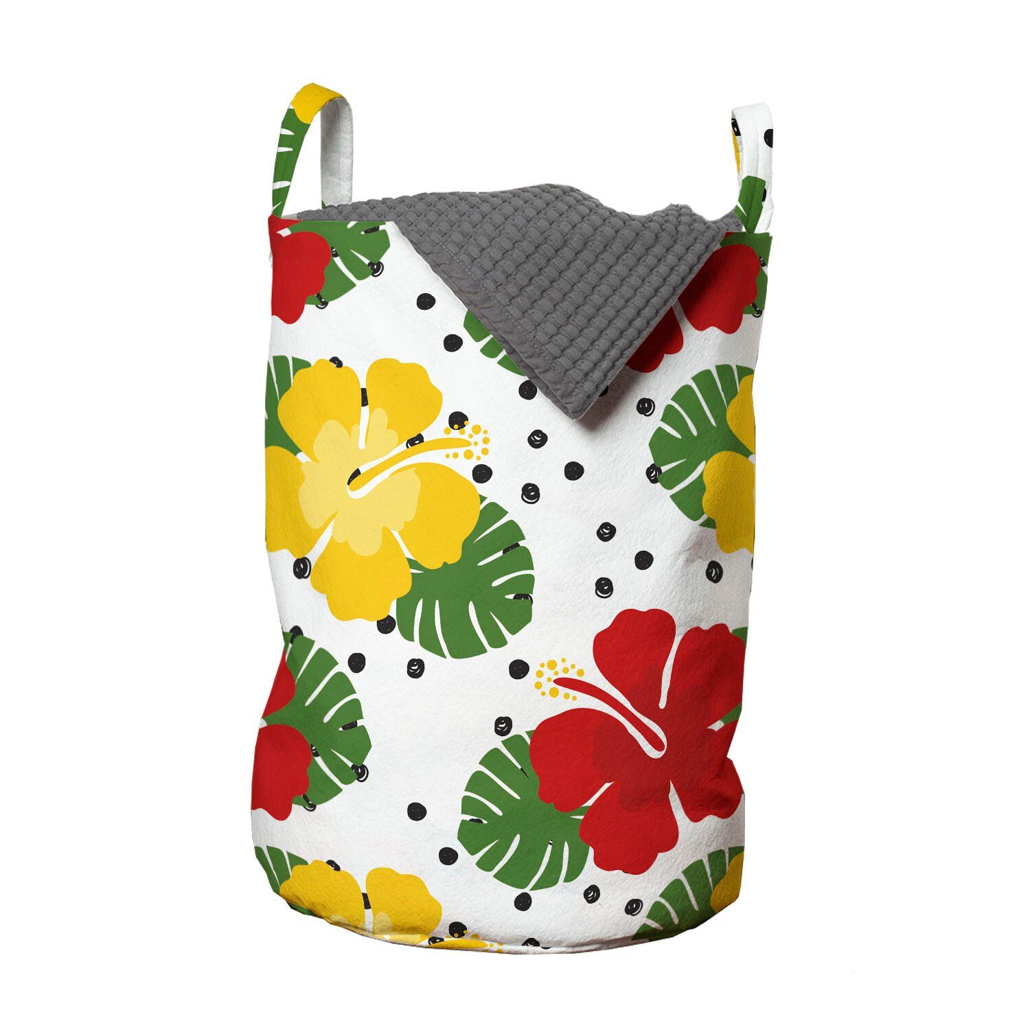 Abakuhaus Wäschesäckchen Wäschekorb mit Griffen Kordelzugverschluss für Waschsalons, Tropisch Grunge-Punkte und Hibiscus