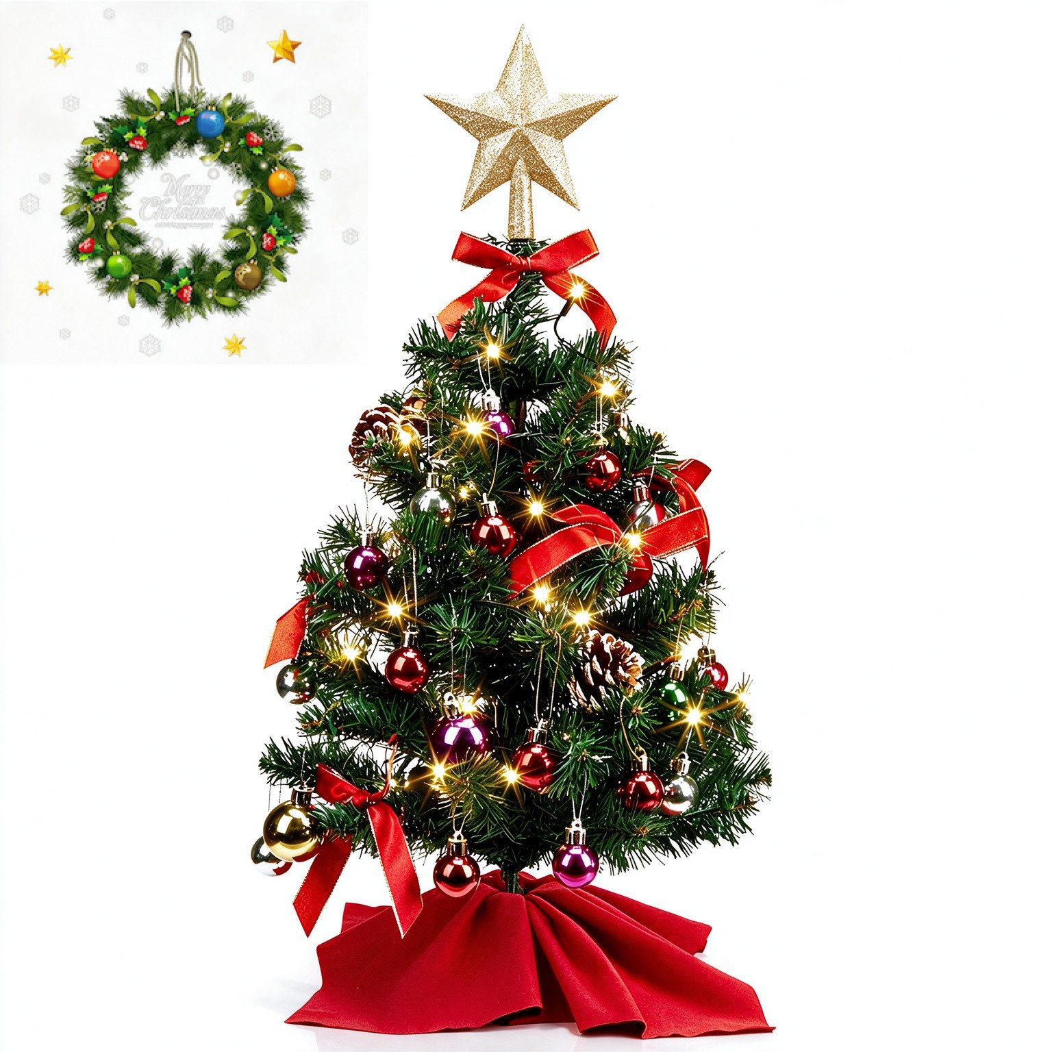 GarveeMore Künstlicher Weihnachtsbaum 60cm mit Beleuchtung mit 50 LED Warmweiß 8 Modi mit 20 Kugeln & Sockel, Künstlicher Weihnachtsbaum, Kleiner Tisch Weihnachtsbaum mit Timer Batteriebetrieben, Innen Deko