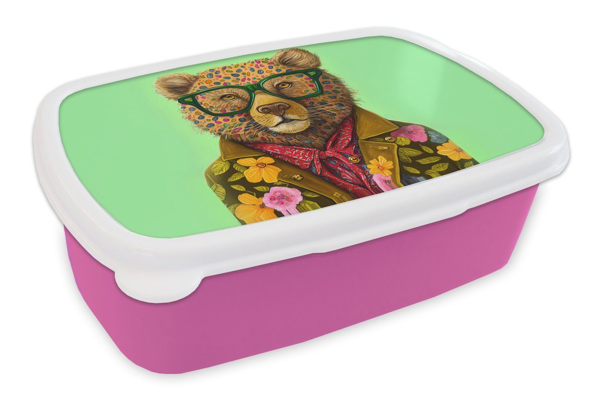 MuchoWow Lunchbox Bär - Farben - Brillen - Tier - Blumen, Kunststoff, (2-tlg), Brotbox für Erwachsene, Brotdose Kinder, Snackbox, Mädchen, Kunststoff rosa