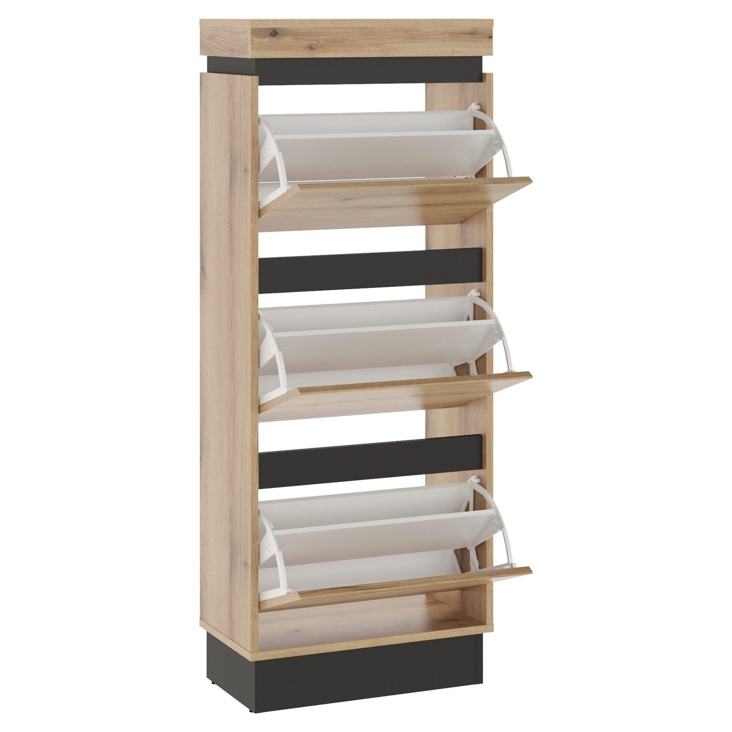 Schuhschrank CORTE, B 54 cm x H 138 cm, Coast Evoke Eiche Dekor, Grau, 4 Klappen