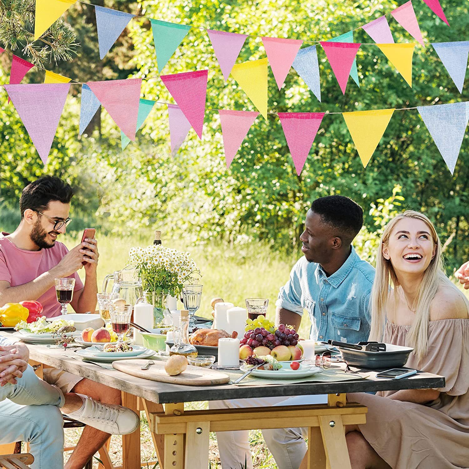 FOUORTUNATE-BEE Hängedekoration Wimpelkette Outdoor Pastell 4 Stück (16 M Girlande Kinderzimmer Wetterfest Stoff Wimpel für Garten Geburtstag Einschulung Schulkind Klassentreffen Karneval Ostern Party Deko, 4 St)
