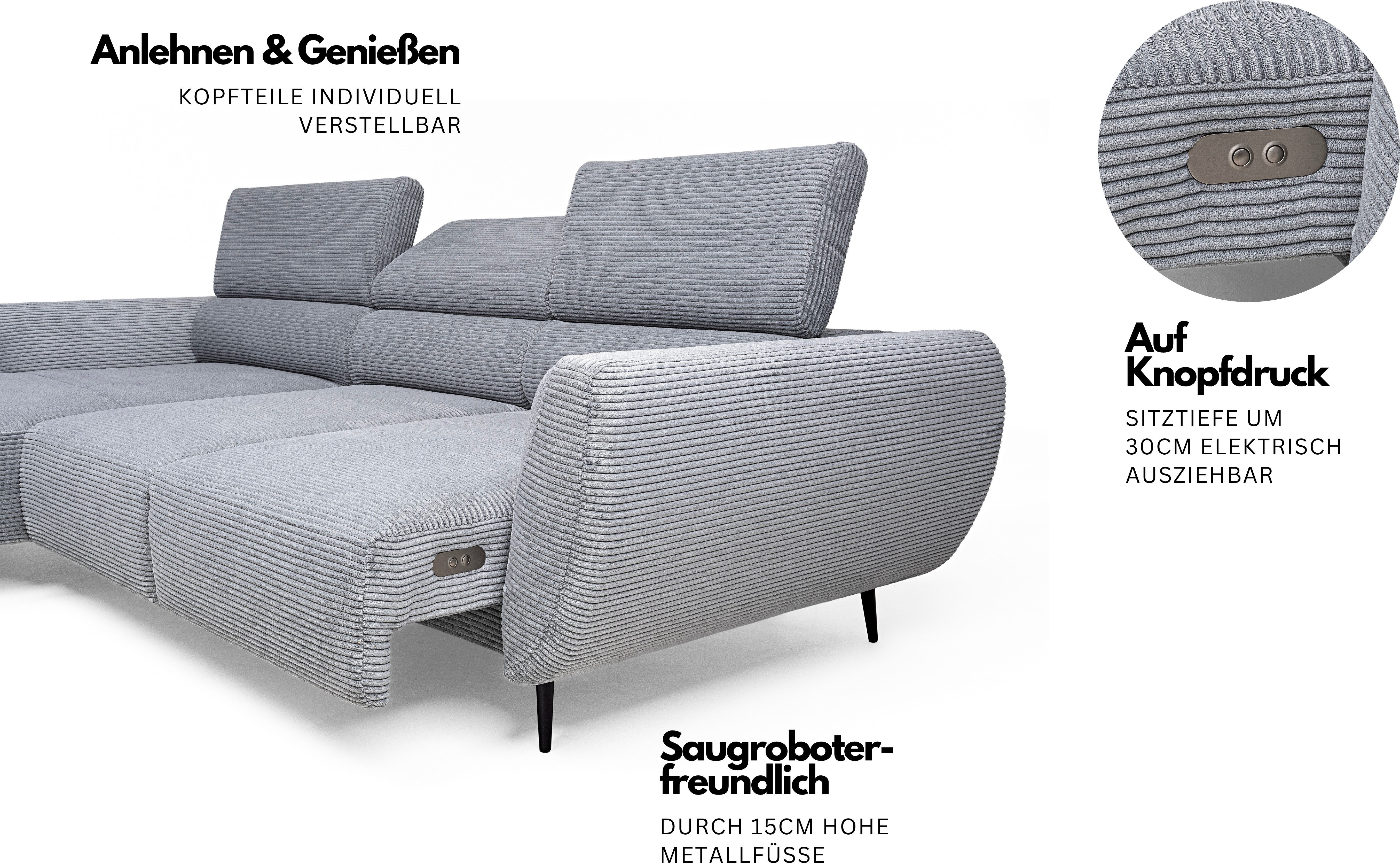 WERK2 Ecksofa Alisson 277 x 174 cm modern und bequem, Cord, L-Form, XXL, elektrische Sitztiefenverstellung, Schlaffunktion