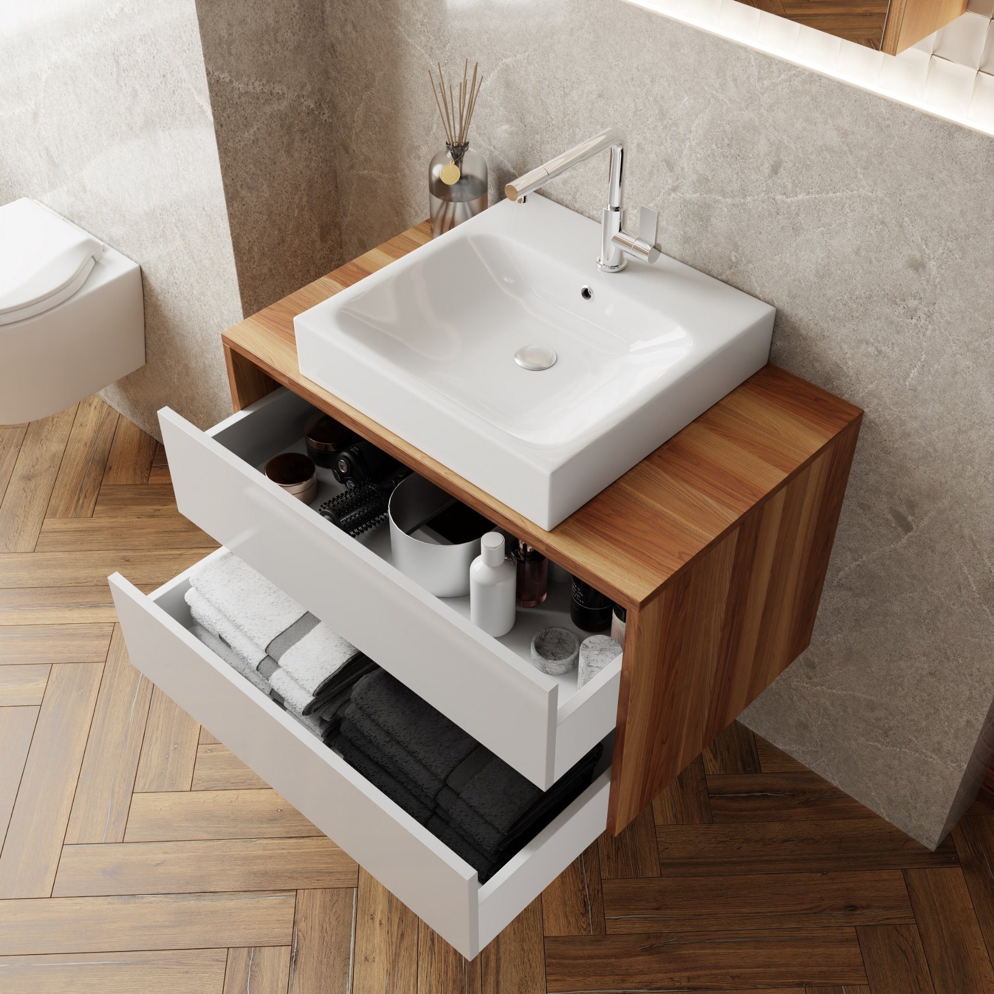 Karen Badmöbel-Set Badmöbel Set Loon, (Komplett-Set 3-Teilig (Unterschrank, Spiegelschrank, Waschbecken), 3-St., Unterschrank mit Schubladen und Konsole, Spiegelschrank), Konsolenwaschtisch, MDF Lam, Softclose, Korpus Matt, Fronten Hochglanz