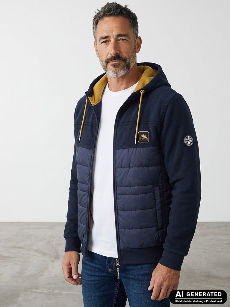 Coastguard Fleecejacke Herren Fleecejacke 62616 im Materialmix - Samtige Kapuzenjacke Fleece Kapuze mit zweifarbiger Kordel, Innenseite in Kontrastfarbe, Taschen
