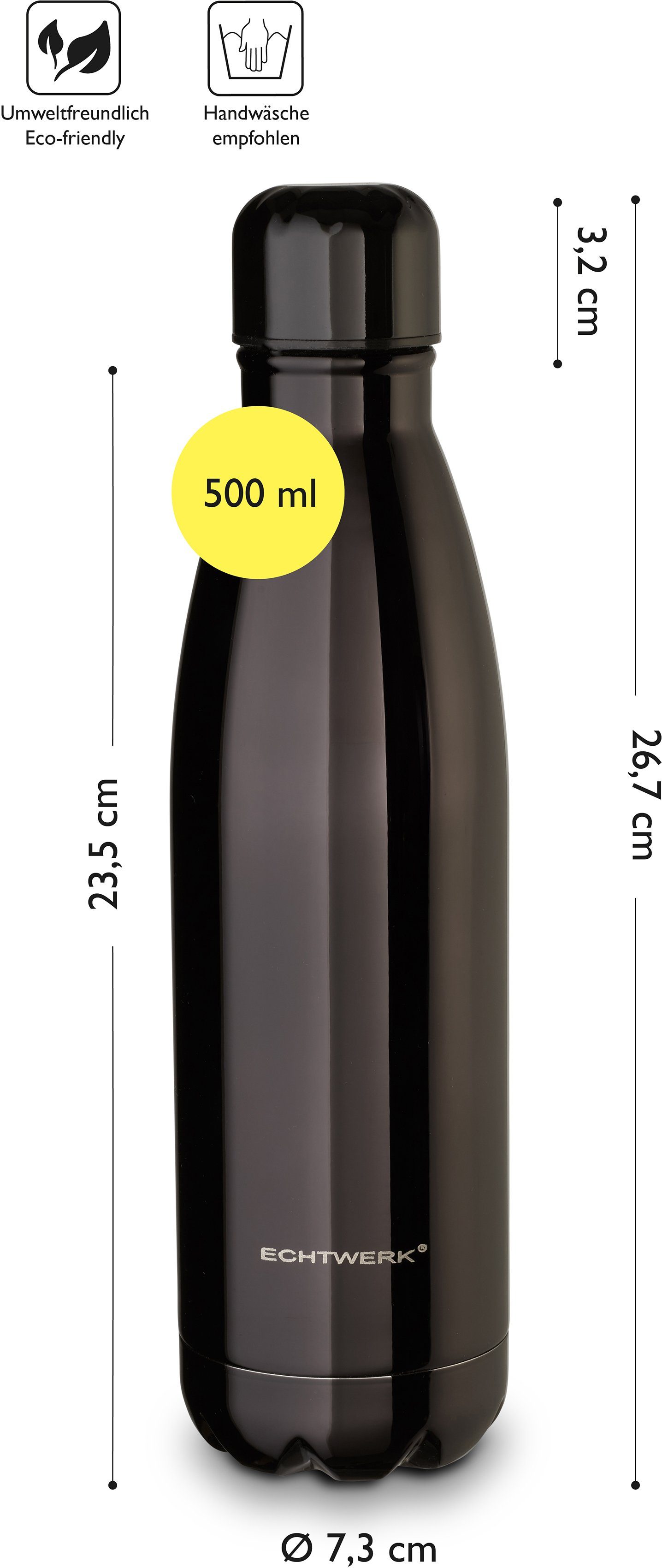 ECHTWERK Isolierflasche BPA-Frei Trinkflasche, Shiny, hochwertigem aus Edelstahl, Klavierlackoptik, schwarz
