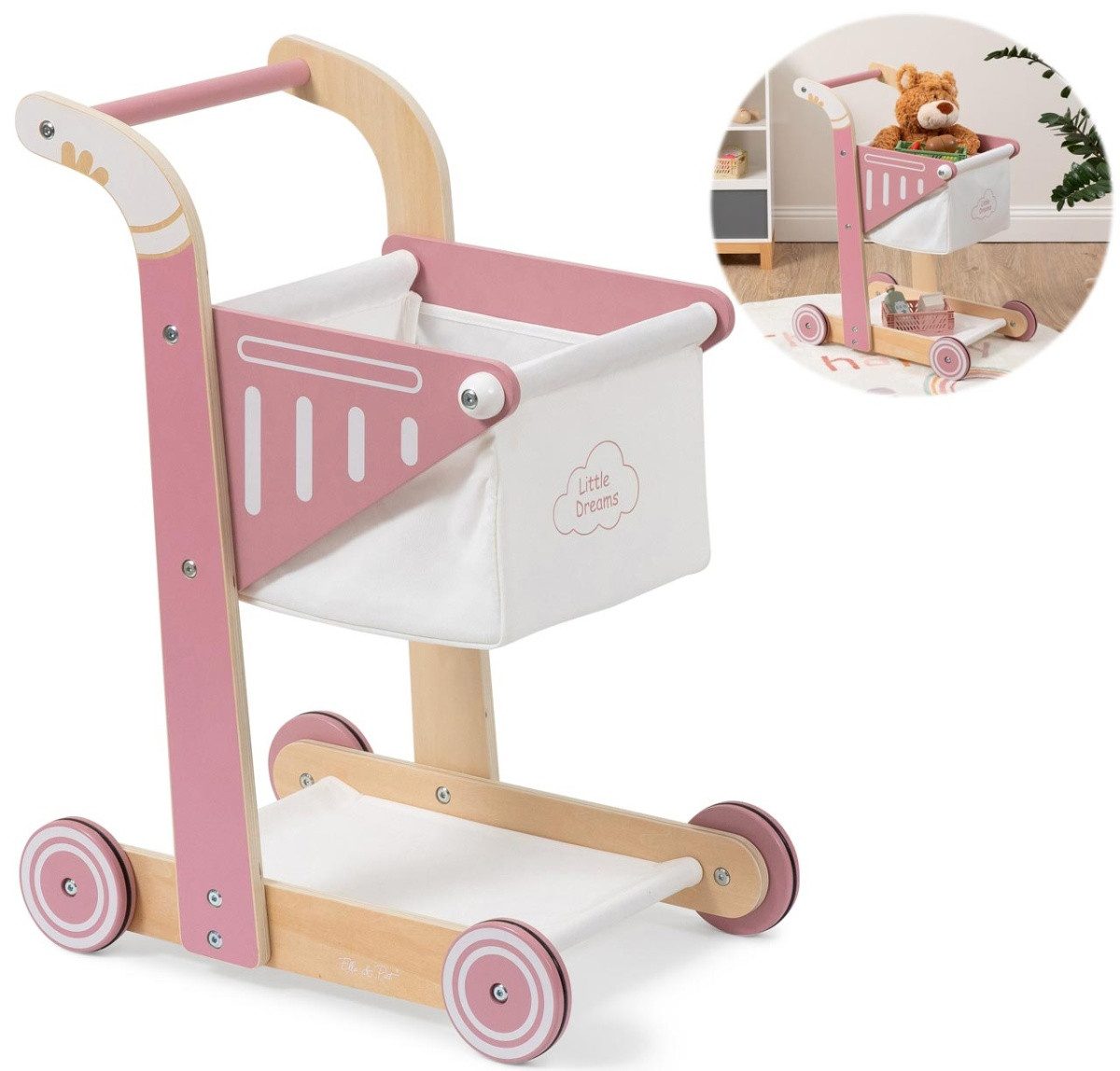 ELLA & PIET® Spiel-Einkaufswagen SHOPPY aus Holz für Kinder (Altrosa)