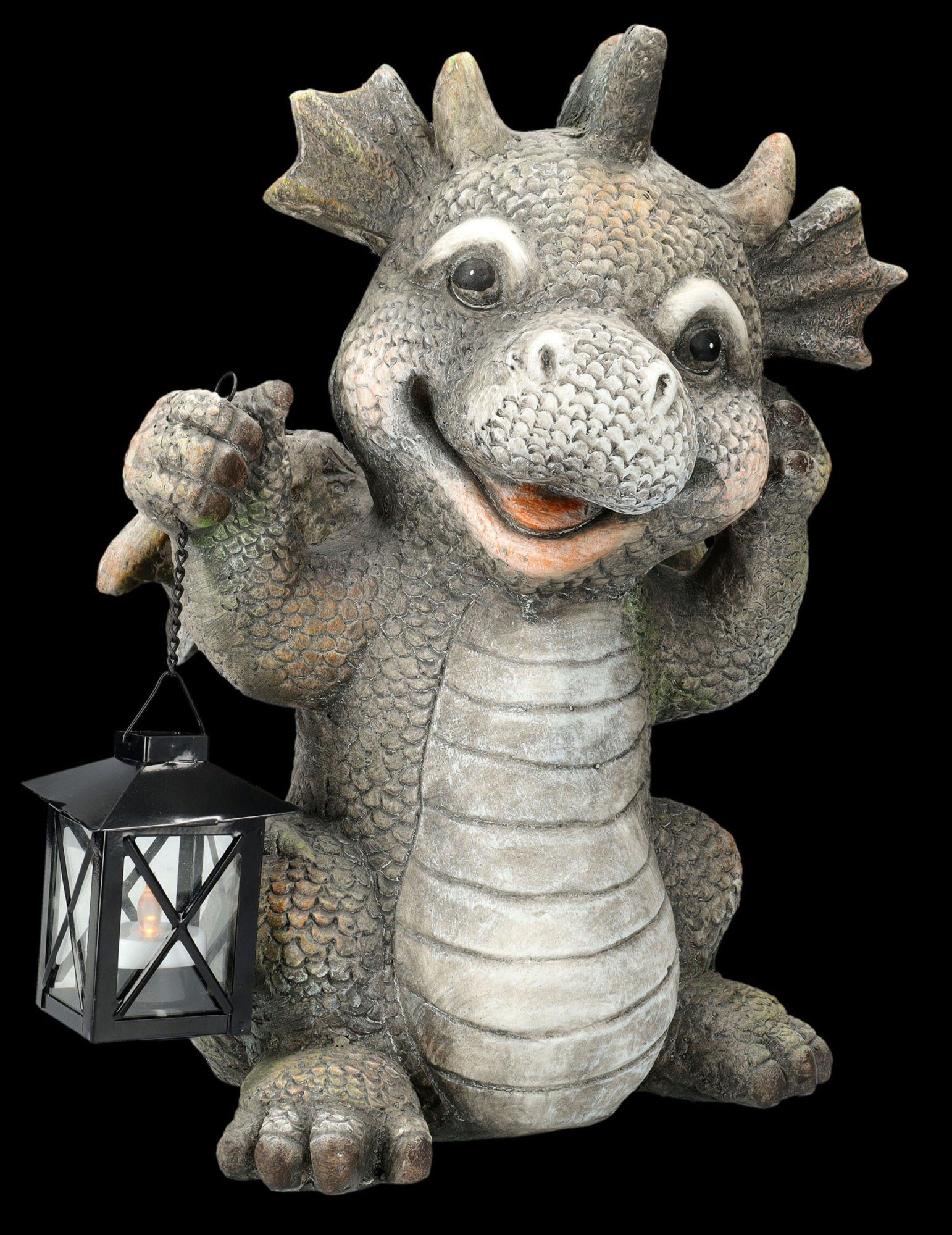 Figuren Shop GmbH Gartenfigur Gartenfigur - Fröhlicher Drache mit Laterne - Garten Figur Fantasy