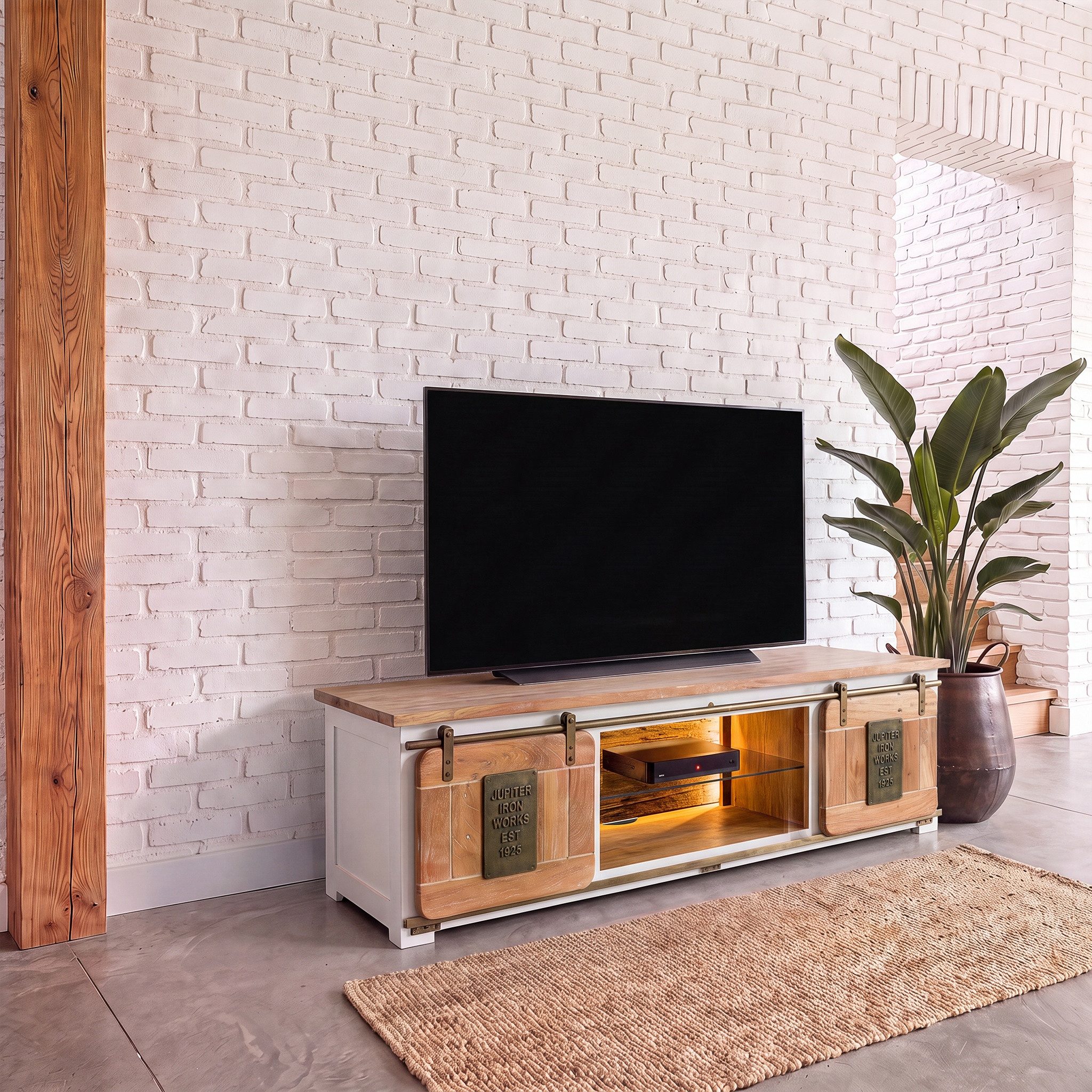 Massivmoebel24 TV-Board RAILWAY LUX (Massivholz), Mango / Altholz 180x55x50 weiß lackiert RAILWAY LUX #530