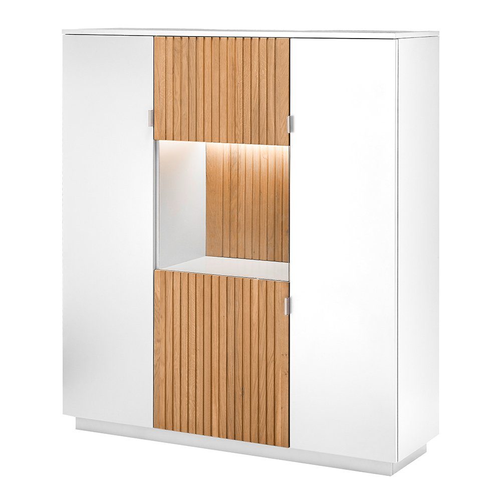 Lomadox Vitrine LUCERA-52 in weiß mit Eiche massiv bianco geölt, 136/152/45 cm