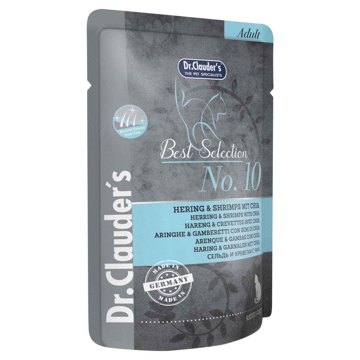 Dr. Clauder's Best Selection Adult No. 10 Hering & Shrimps mit Chia 85 g - 16 Stück, Nassfutter für: Katze