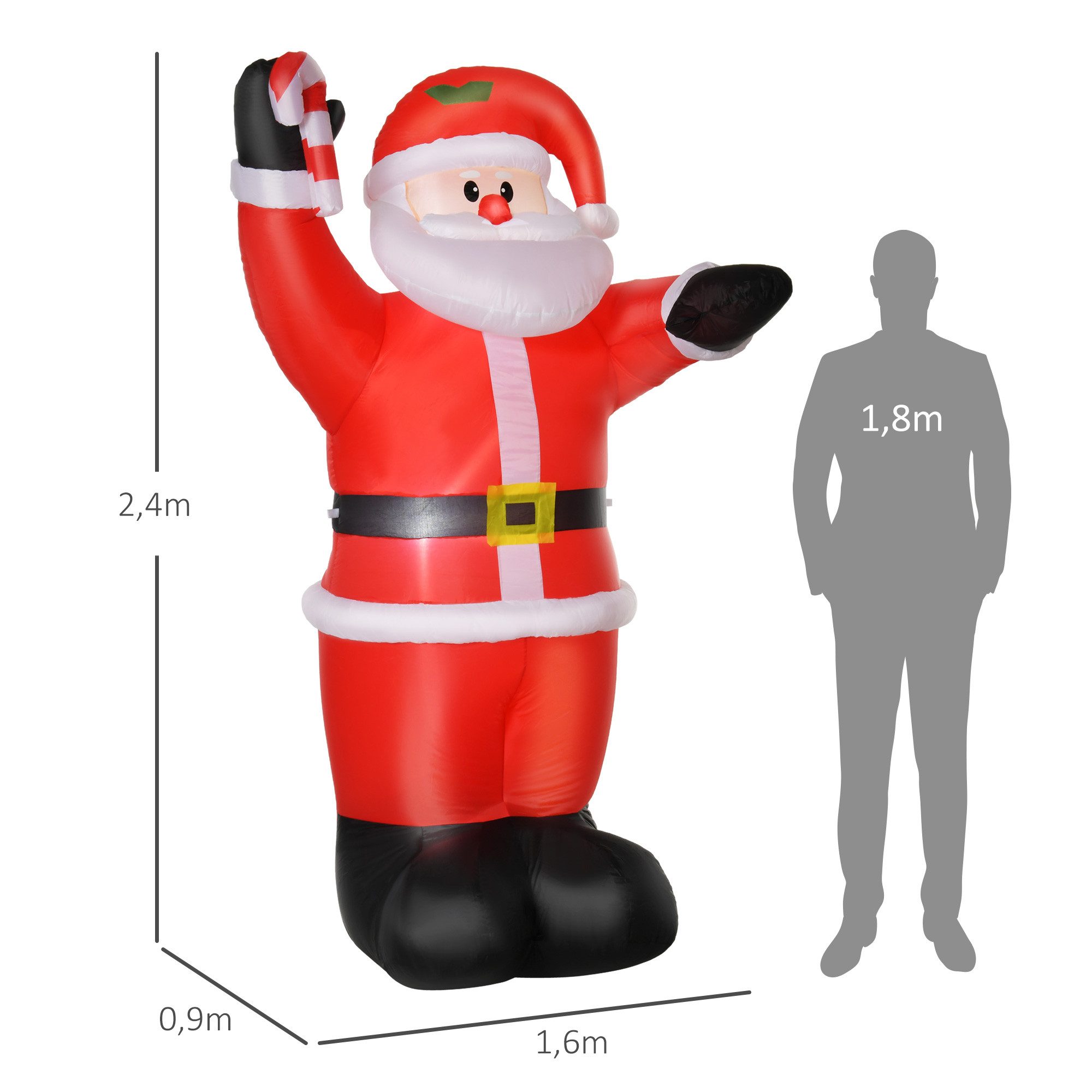 HOMCOM Weihnachtsfigur Aufblasbar Weihnachtsdeko, Weihnachtsmann,Zuckerstange,Gartendeko (LED-Leuchten, 1 St., Erdspieße), Seile, Polyester, Rot – Bild 3 von 5
