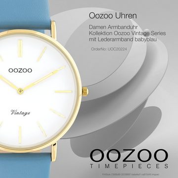 OOZOO Quarzuhr Oozoo Damen Armbanduhr babyblau Analog, Damenuhr rund, groß (ca. 40mm) Lederarmband, Fashion-Style