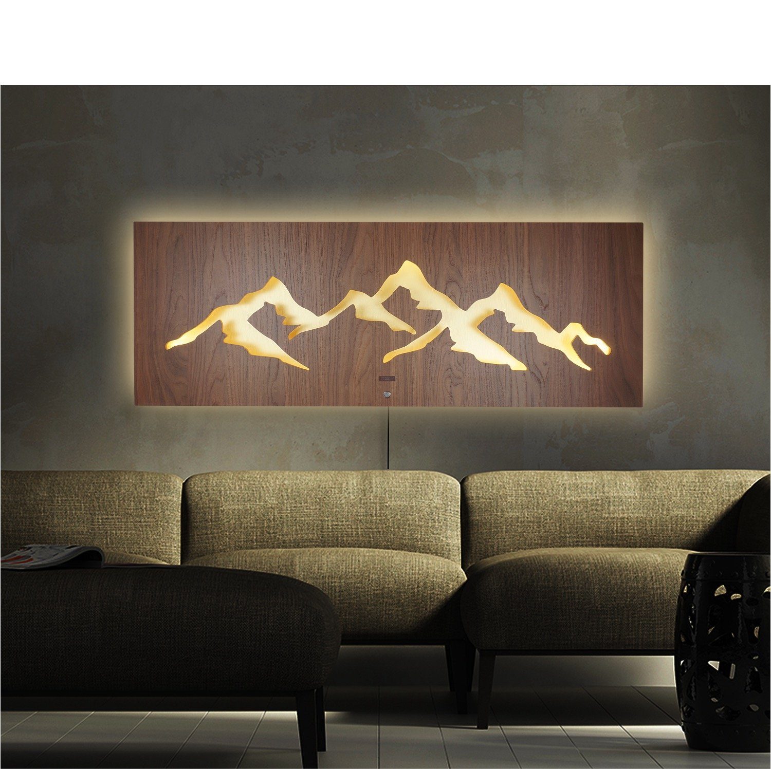ZENLED Wanddekoobjekt MONTAGNA Berge Landschaft 110x40cm - Natur Deko mit 3D-Lichteffekt, mit dimmbaren LEDs hinterleuchtete Doppelplatte aus Holz und Metall WALNUSS BRAUN auf GOLD ALU