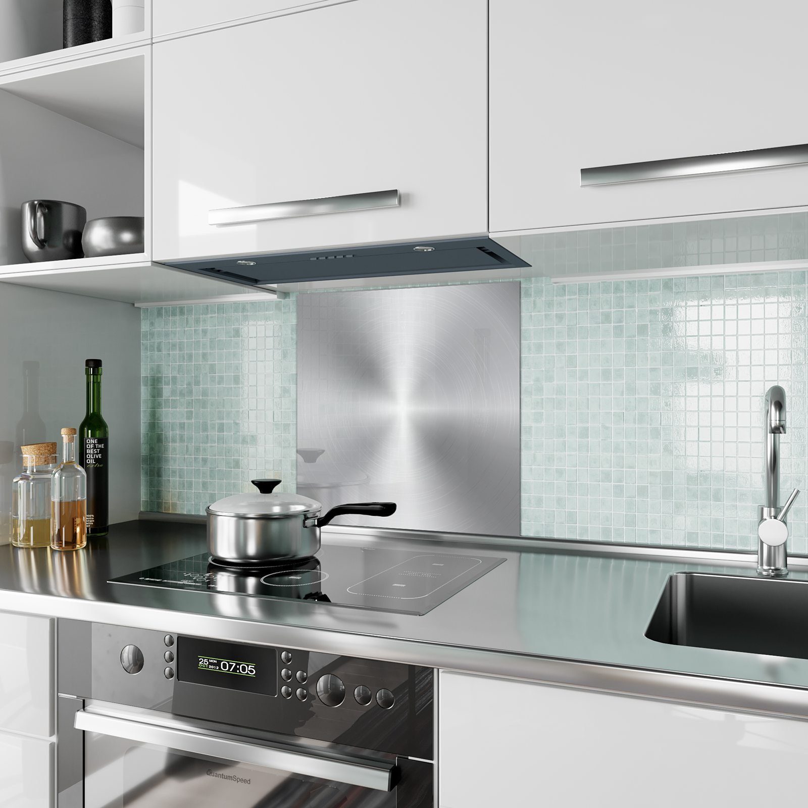 Primedeco Küchenrückwand mit Küchenrückwand Gebürstetes Motiv Spritzschutz Alluminium Glas