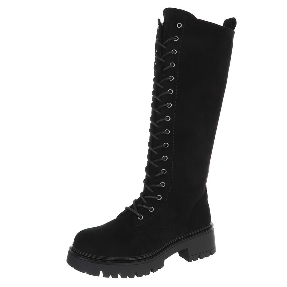 Ital-Design Kniehoher Damen Schnürstiefel mit Profilsohle Plateaustiefel (92422314) Blockabsatz Stiefel in Schwarz