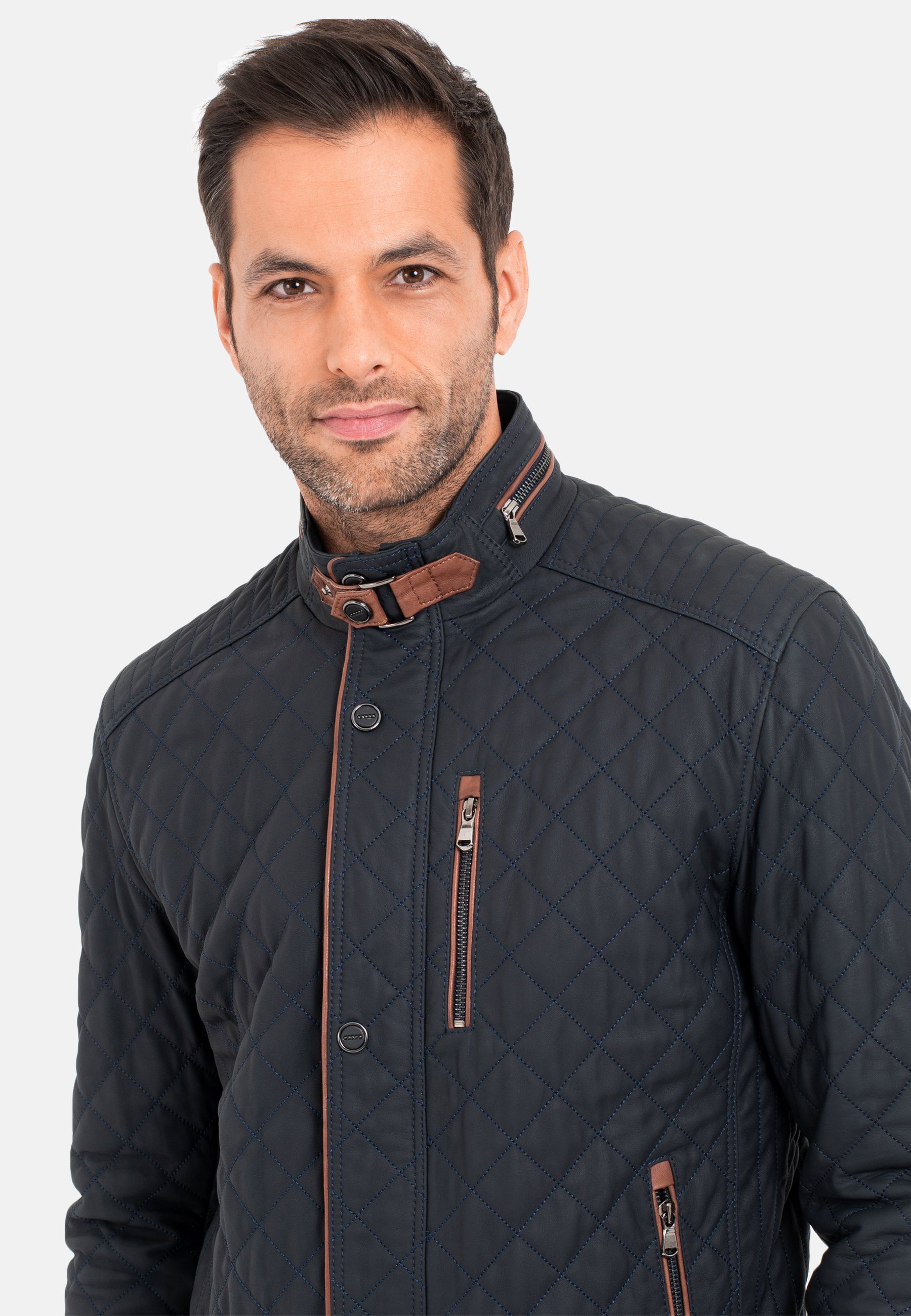 Lolus Lederjacke Jack Dunkelblau Braun Sportliche und feine Steppjacke aus Lammnappa Leder