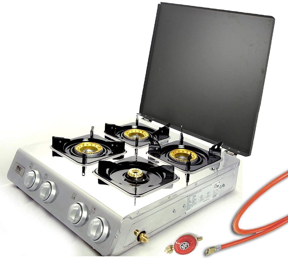 NJ The right choice Gaskocher NGB-400C, (Edelstahl Gaskocher 4 flammig mit Deckel mit Piezozündung), elstahl Gaskocher 4 flammig mit Deckel mit Piezozündung.