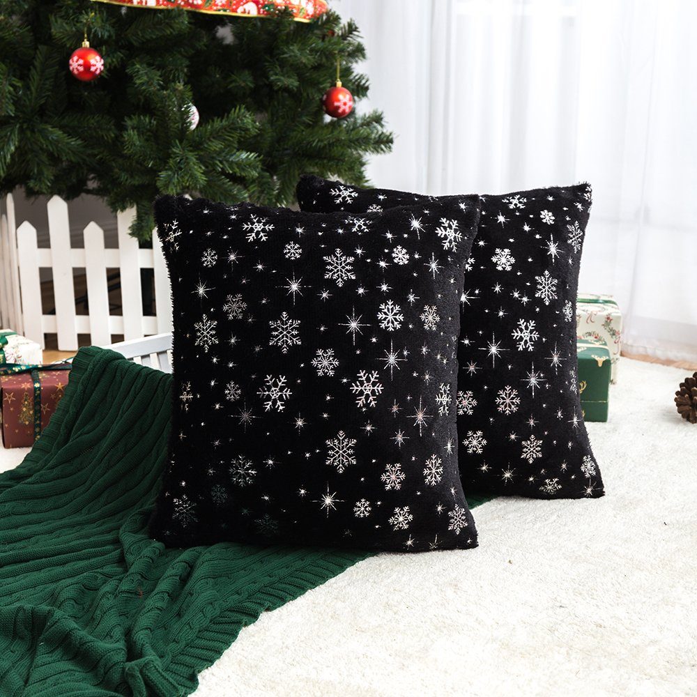 Schneeflocke PV-Vliesstoff, Sunicol (1 Plush, Zottelig, 45x45cm, Weihnachten Dekokissen, Schwarz Kissenbezug Party Wohnzimmer, Kissenhülle, Flauschig Stück), Schlafzimmer für