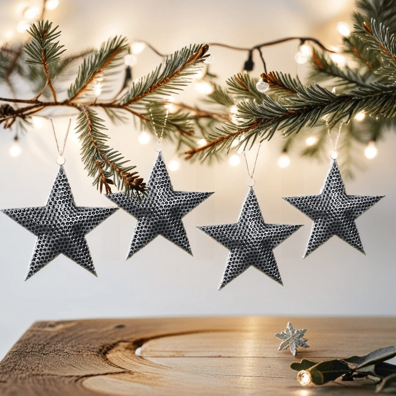 Marrakesch Orient & Mediterran Interior Fensterdekoration 4er Set Vintage Christbaumschmuck Stern aus Metall silber 18 cm Deko, Handarbeit