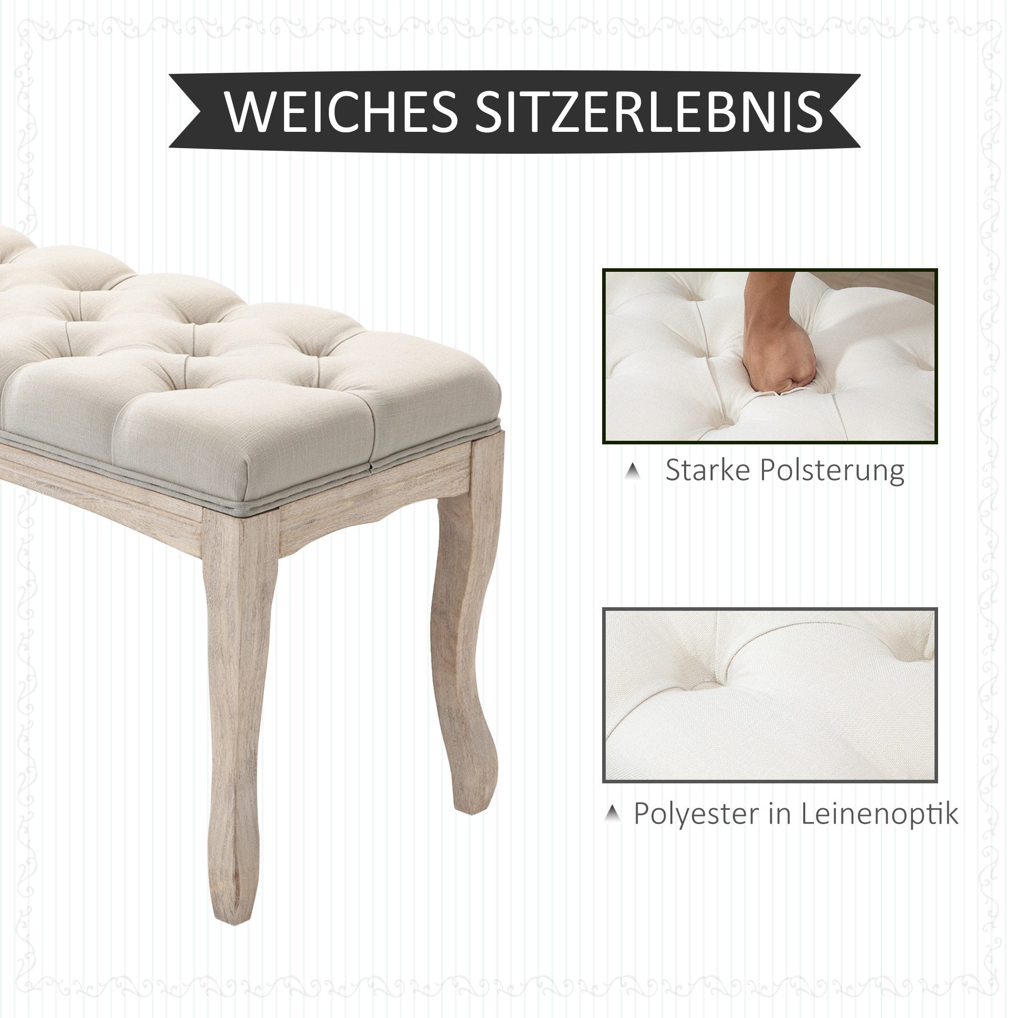 MC Star Polsterbank Vintage Bettbank für Schlafzimmer & Wohnzimmer, Truhenbank (Truhenbank aus Gummiholz mit Leinenbezug in Beige, 110x40x48cm)
