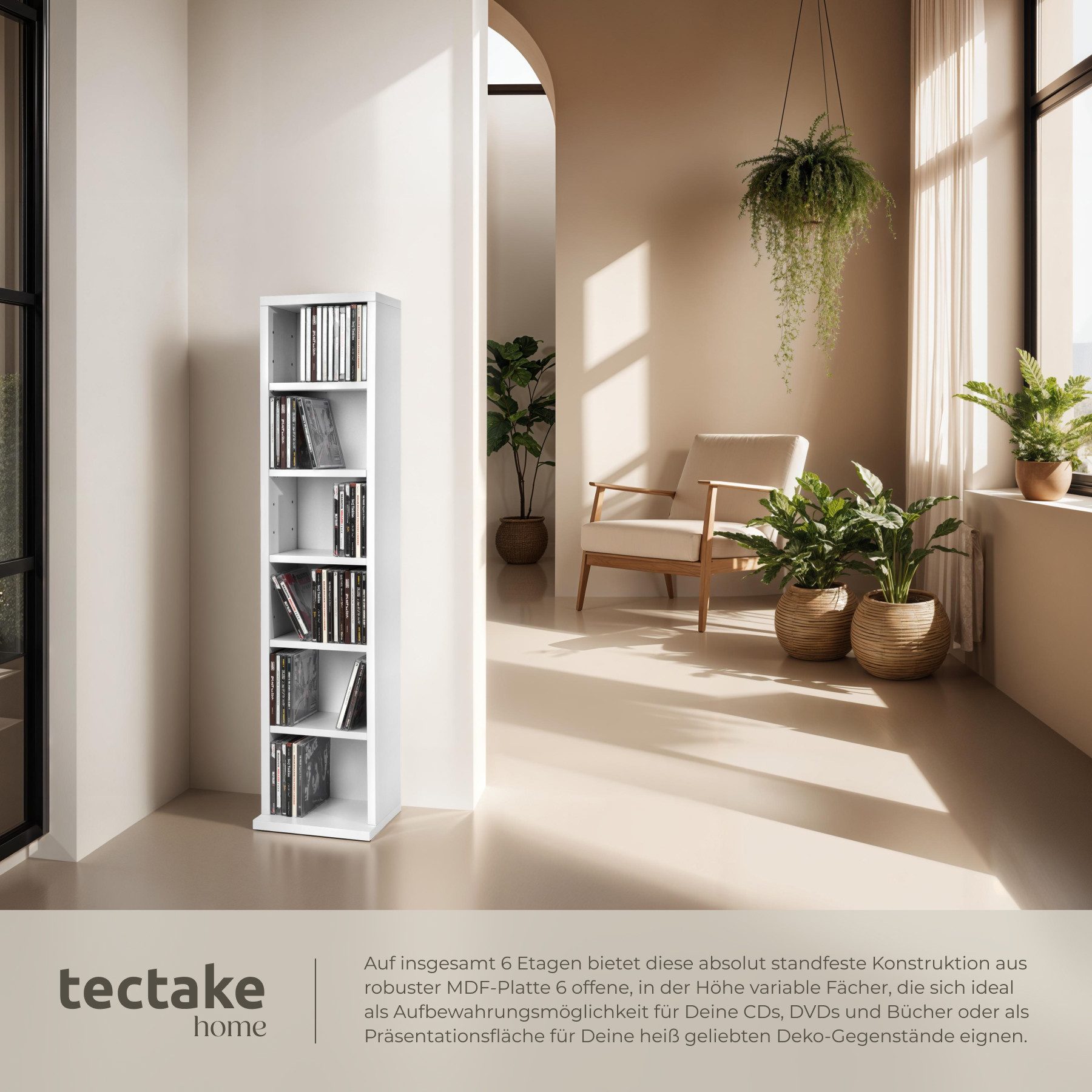 tectake CD-Regal Standregal Medienregal in Holzoptik 90x21x20cm, Sammlerset 1-tlg., höhenverstellbare und herausnehmbare Zwischenböden